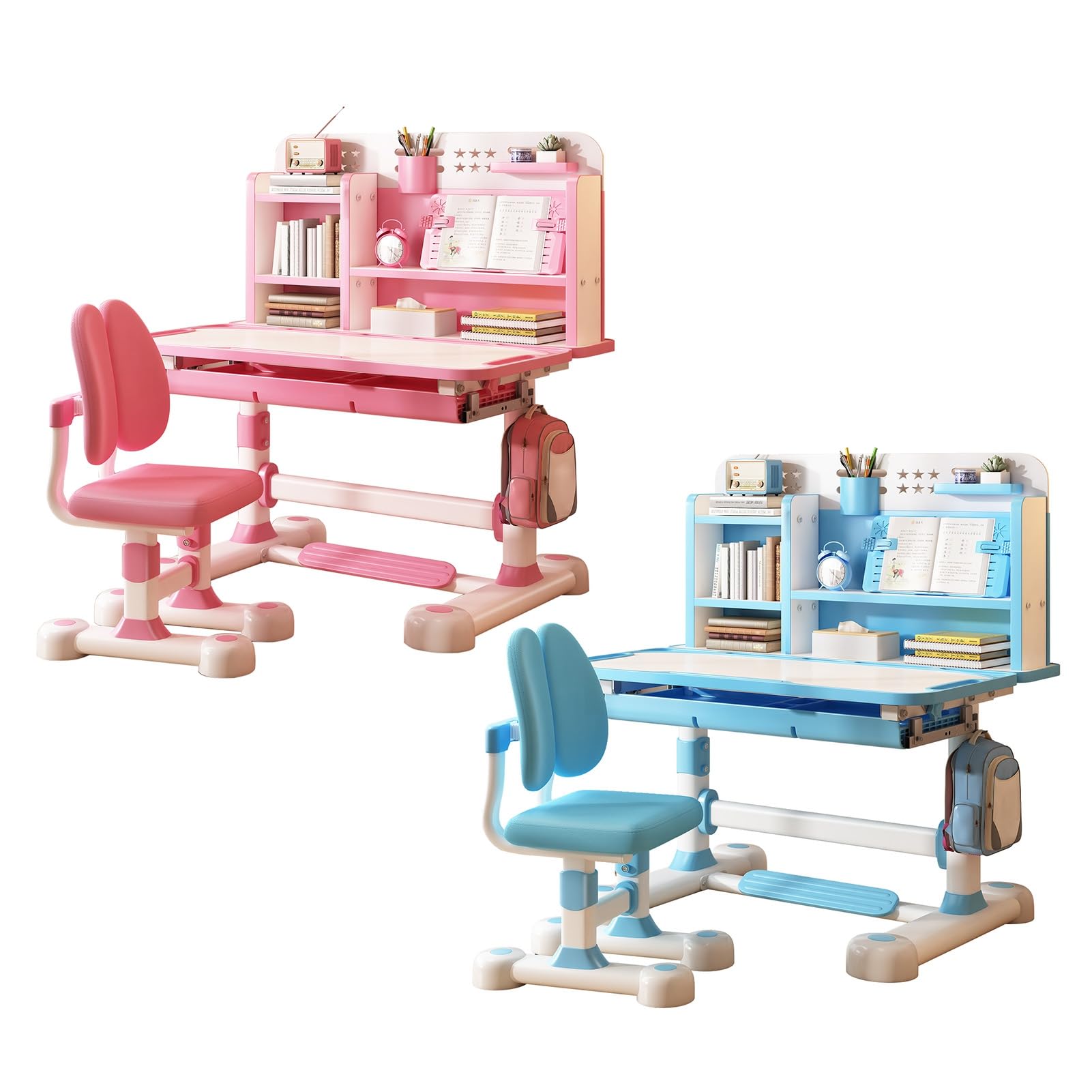 Juego de sillas de escritorio de estudio para niños, altura ajustable, juego de sillas de mesa de estudio escolar con corrector de sentado, silla de escritorio ergonómica con soporte para