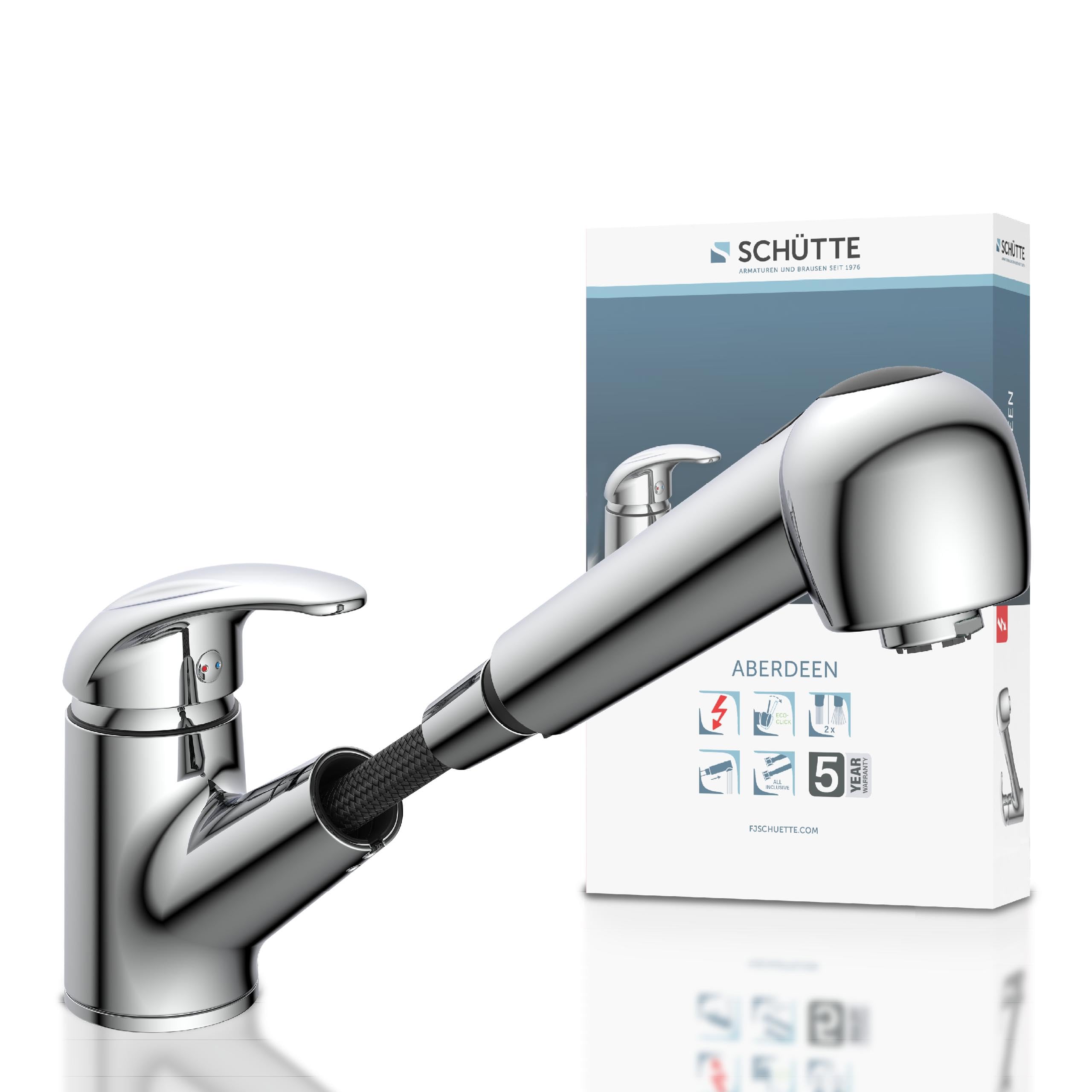 SCHÜTTE 33379 ABERDEEN Niederdruck-Küchenarmatur mit ausziehbarer Geschirrbrause, Wasserhahn für die Küche mit Anti-Nachlauf-Funktion, Mischbatterie mit Einhebelmischer, Spültischarmatur, Chrom