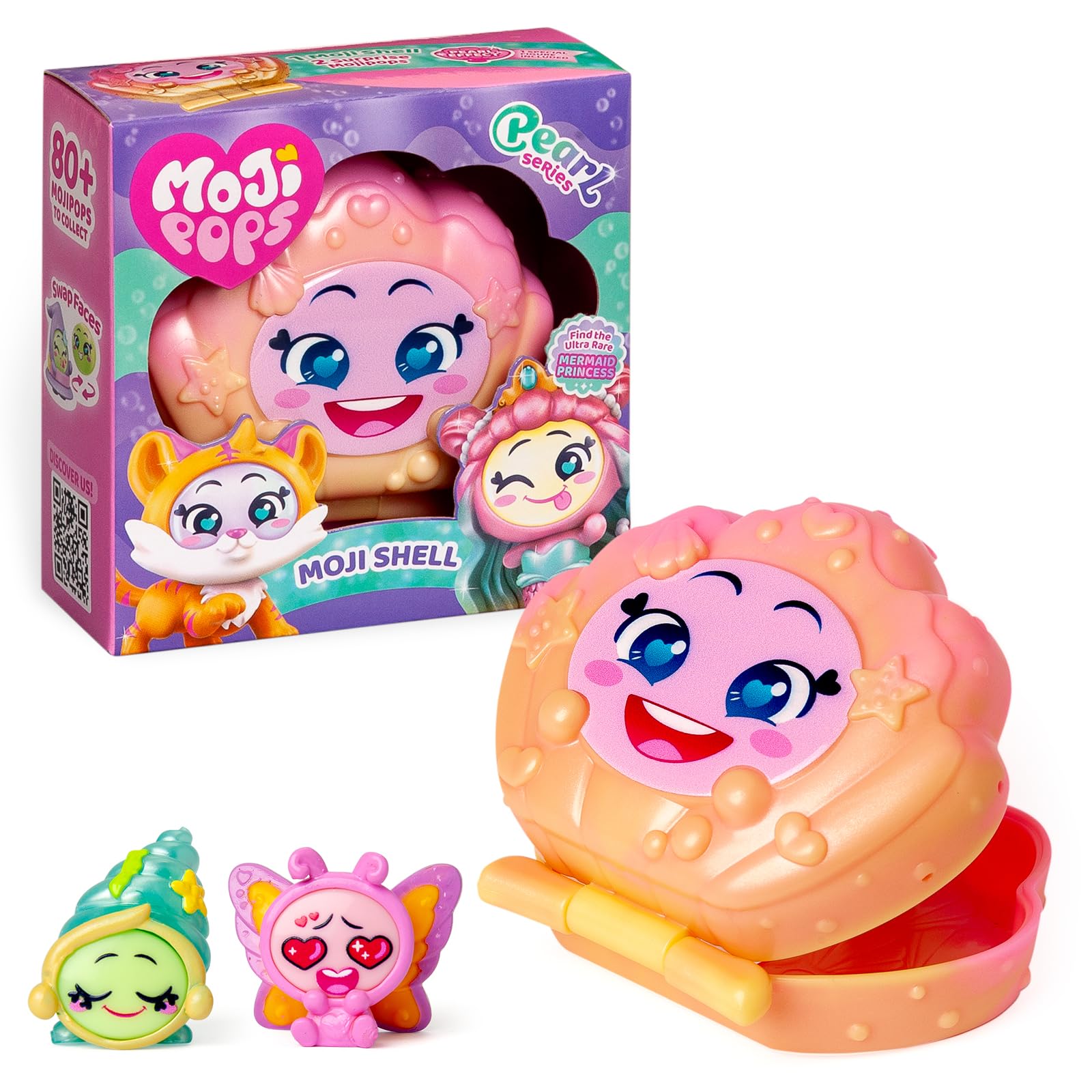 MOJI POPS Pearl Series – Mojishell. Cajita Coleccionable con 2 Mojipops Sorpresa con caritas Reversibles (1 con Efecto Perlado). Color Sorpresa de un Surtido de 6 Colores Diferentes.