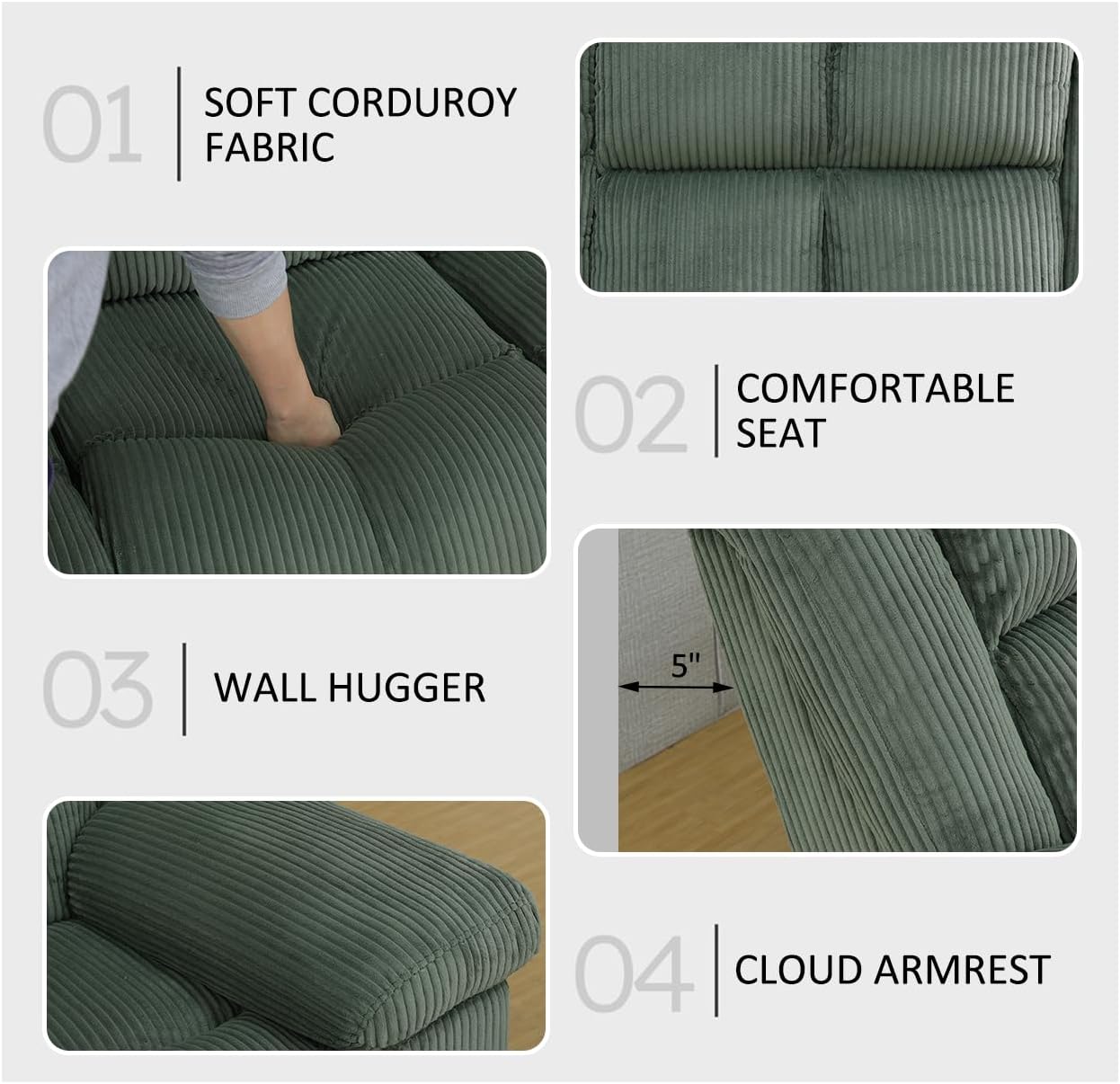 Manual Recliner Sofa Set,Corduroy Reclining Living Room Furniture Set,Convertible Lounge Sofa,Reclining Loveseat with Storage Consoloe,Single Recliner for House/Office(Green Corduroy,3+2+1)