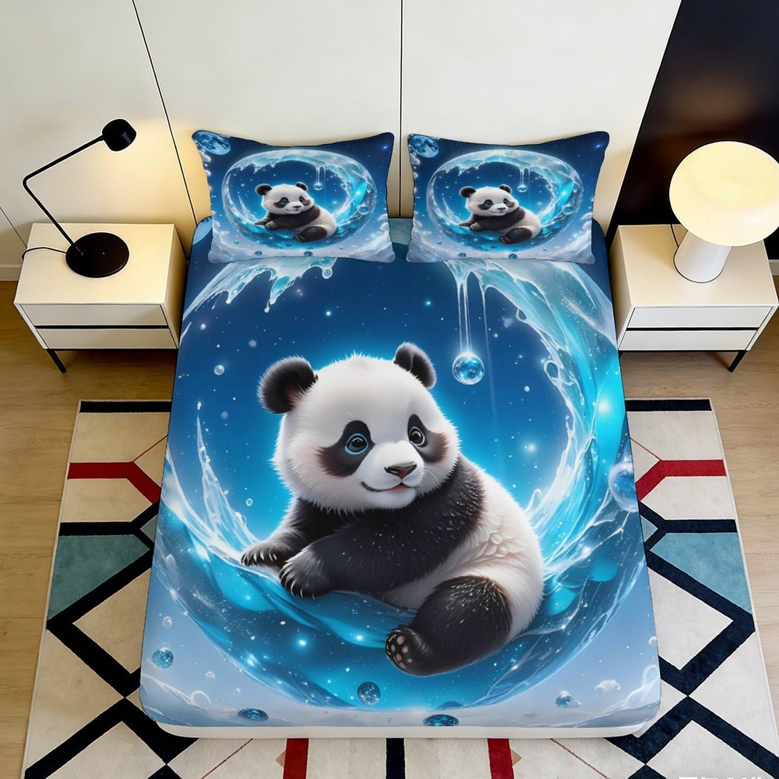 3D Printed Cute Panda Water Splash Fitted Sheet Microfiber Soft Mattress Cover for Bedroom Dorm Decor 120x200cm 140x200x25cm