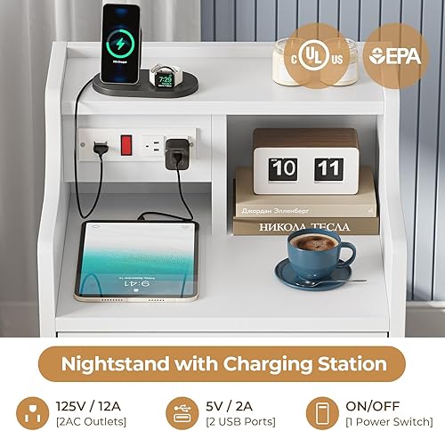 Miniatura 4 de ADORNEVE Mesita de noche con estación de carga, mesita de noche blanca con aparador, mesa de noche con cajones, mesa auxiliar con almacenamiento