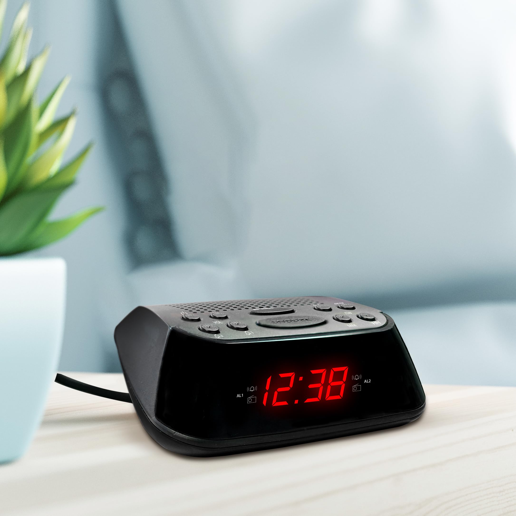 METRONIC 477003 Radio-Réveil FM Double Alarme (Programmable Radio FM ou Buzzer) avec Grand Ecran Affichage Rouge, Fonction Snooze, Alimentation Secteur + Sauvegarde Piles, Simple d'Utilisation - Noir