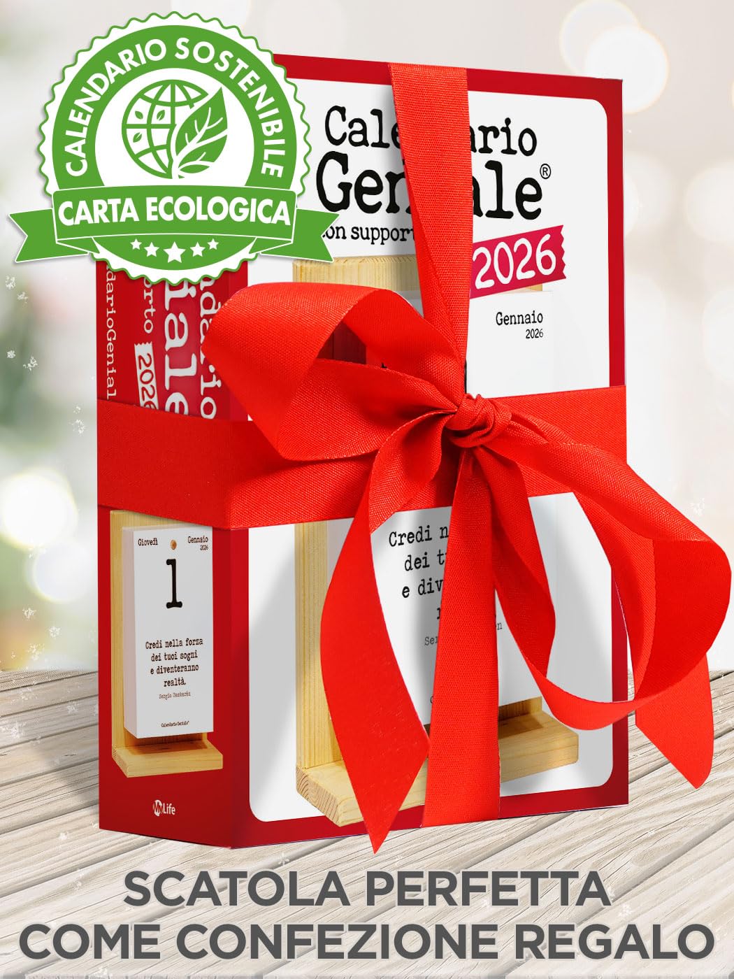 Calendario Geniale 2026. L'Originale Eco Sostenibile. Il Primo con Bonus digitali. Idea Regalo con Scatola. Supporto Legno di Abete Naturale. Leggi ogni giorno una frase e il pensiero Filosofico.