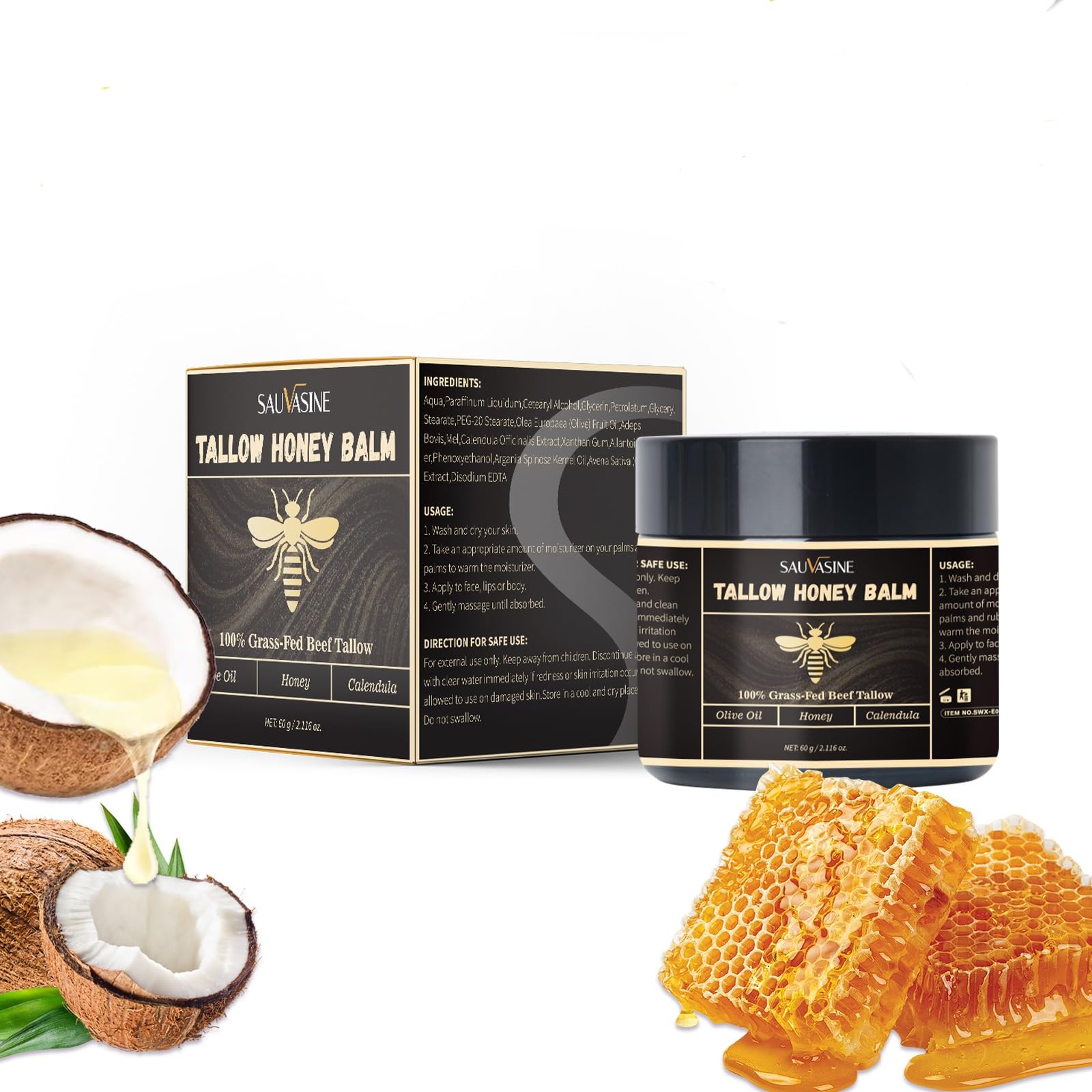 Organic Tallow Honey Balm for Nourishing Face and Body Cream,100% Grass-Fed Beef Tallow Body Butter For Dry Skin Moisturizing With Olive Oil,Honey,