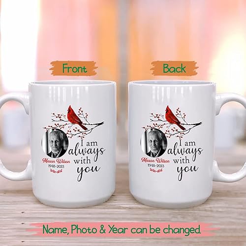 Miniatura 2 de Marco de fotos personalizado y taza de café blanca conmemorativa con nombre, 11 15 onzas, taza de café con texto en inglés "I Am Always With You",