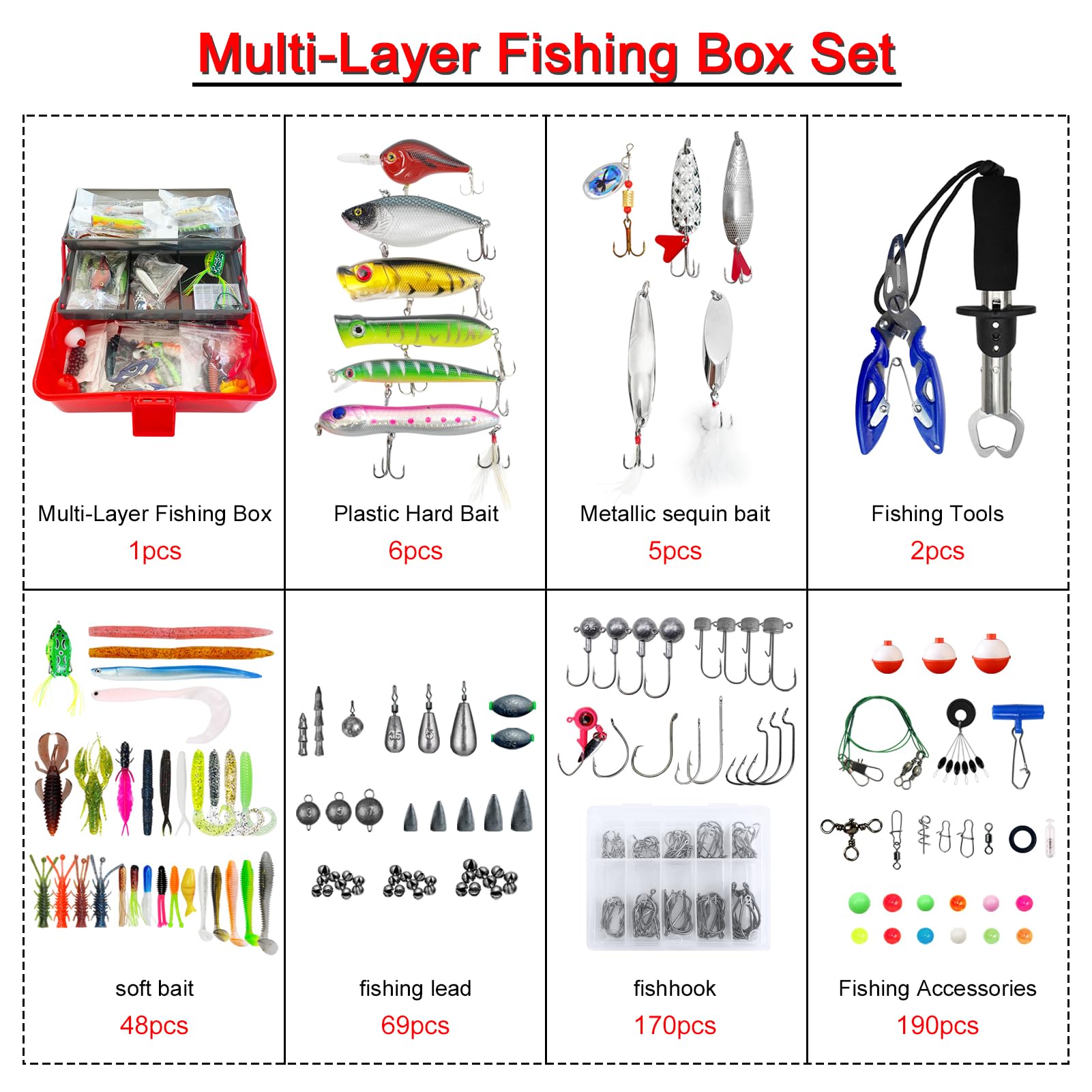 491 Stück Angeln Köder Set Gemischt, AngelKöder Kit mit Tackle Box Enthält Angelzubehör Wobbler Forellenköder Jigköpfe Blinker Angeln Angelhaken Set Angelwirbel Angelblei
