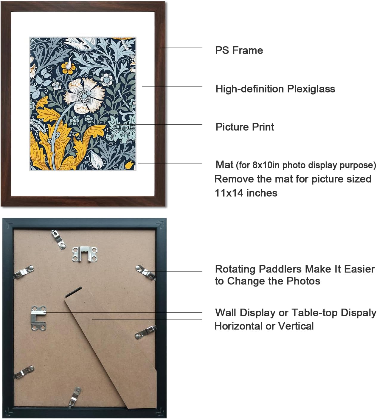 11x14 Picture Frame Set of 9 with HD plexiglass cover for Pictures 8x10 with Mat or 11x14 Without Mat, Wall or Tabletop Gallery Photo Frames Walnut