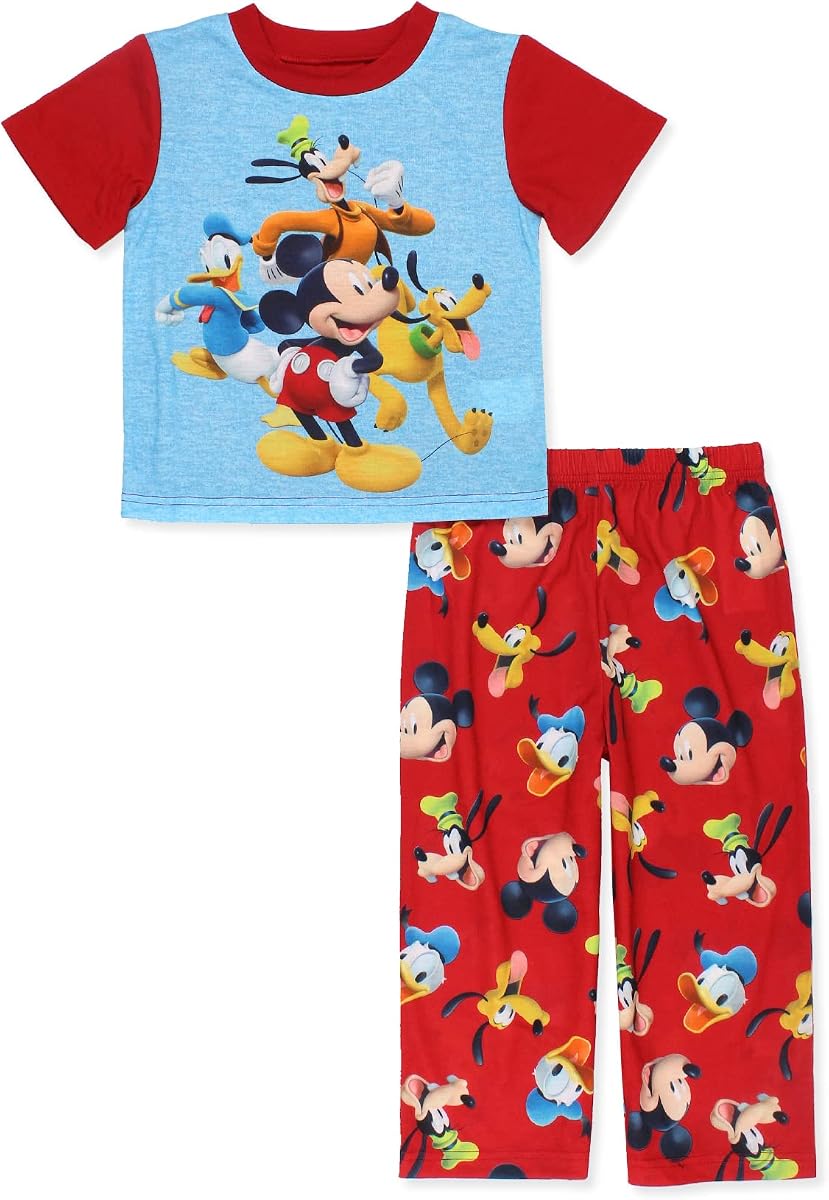 Disney Boys Mickey Mouse Cartoon Pajama Set - 2 Piece Short Sleeve Top & Pants Pajamas