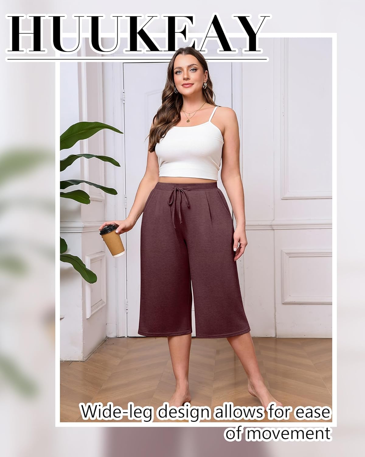 Huukeay 3 Pack Women's Plus Size Capri Pants, Wide Leg Drawstring Capris Sweatpants Loose Cropped Yoga Pants with Pockets - Image 3