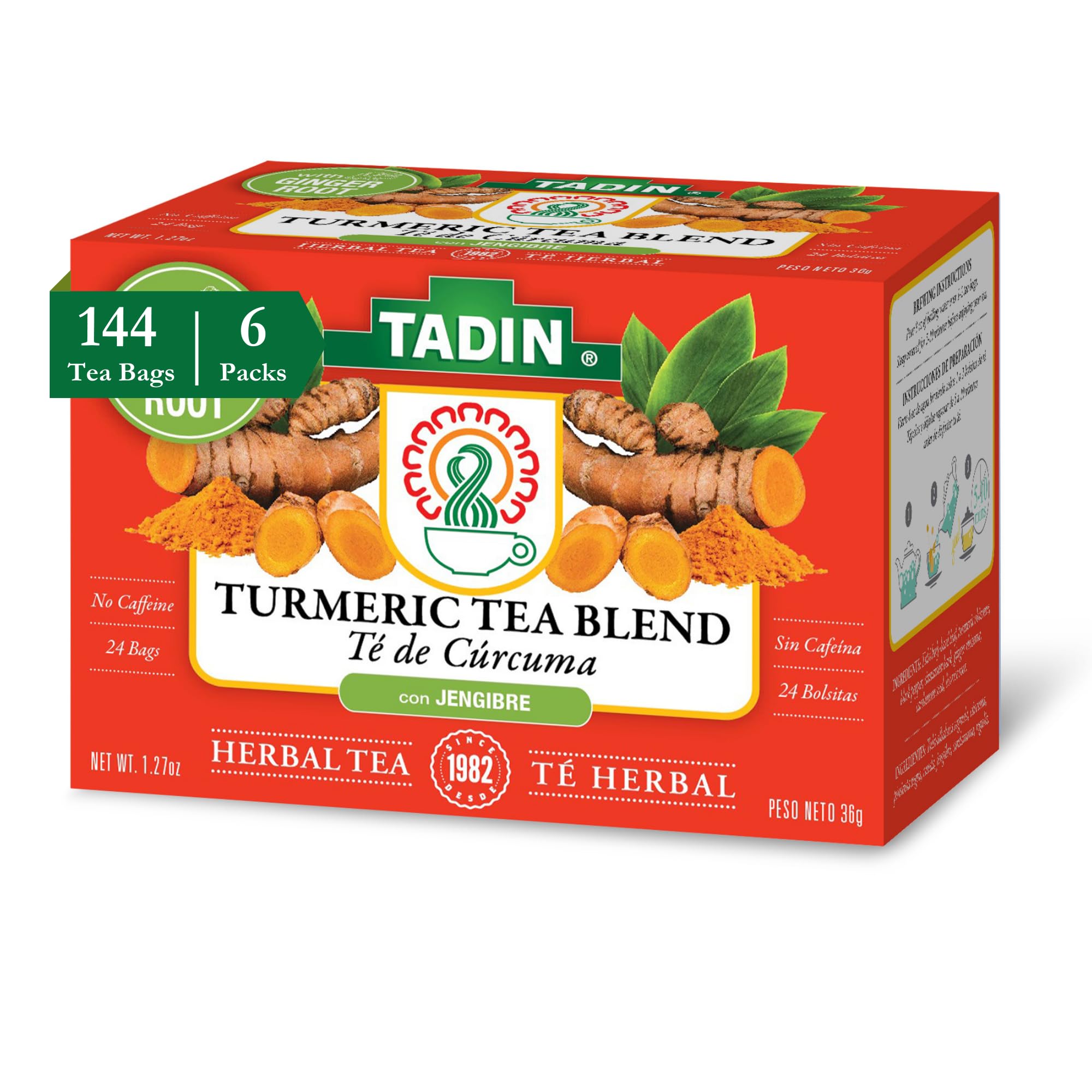 Tadin Turmeric Tea Blend, Herbal Tea, Caffeine Free Tea, Decaf Tea, Tea Packets for Hot Tea, 24 Tea Bags Per Box, Pack of 6