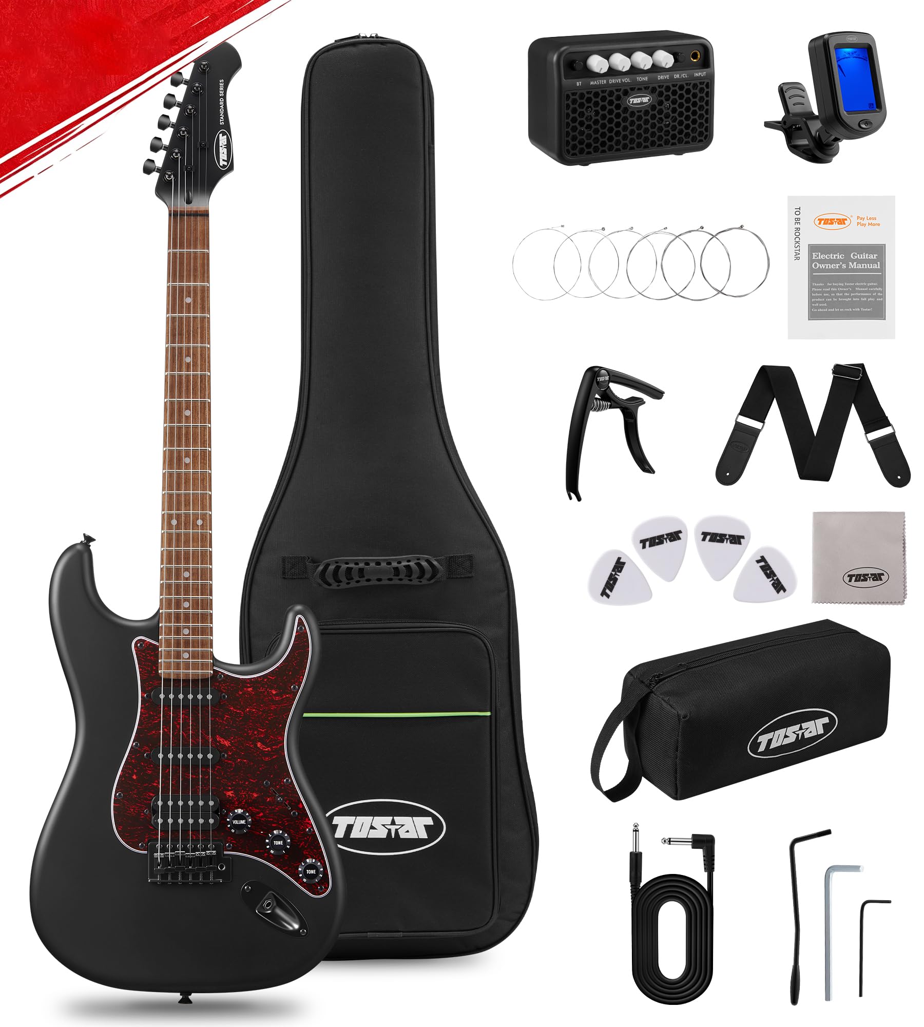 Tostar 39" HSS Electric Guitar Kit with Amp for Beginners-Matte Black