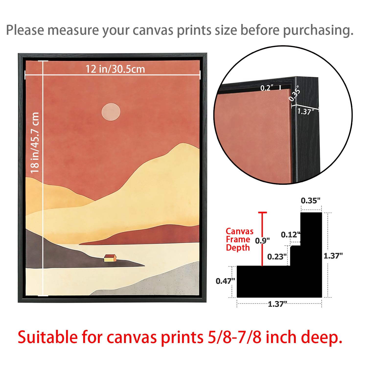 LTYHHK Floating Frame for 12x18 Inch Canvas Prints, 5/8-7/8” Deep Floater Frames for Canvas Paintings, 12x18 Floating frame for Oil Prints, Diamond Painting,Paint by Numbers (LB1218-2)
