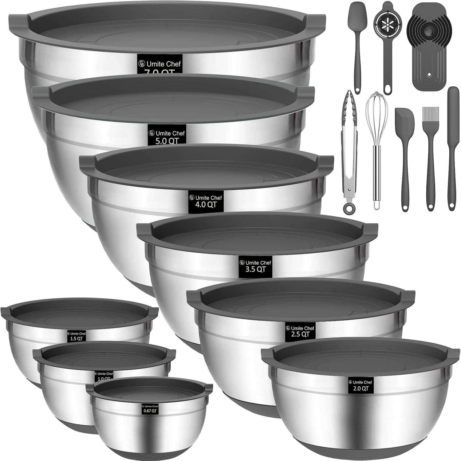 22Pcs Mixing Bowls with Airtight Lids, Umite Chef Stainless Steel Nesting Mixing Bowls Set for Baking, Prepping, Non-slip Silicone Bottom, Gray Bowls with Kitchen Gadgets for Mixing, Serving