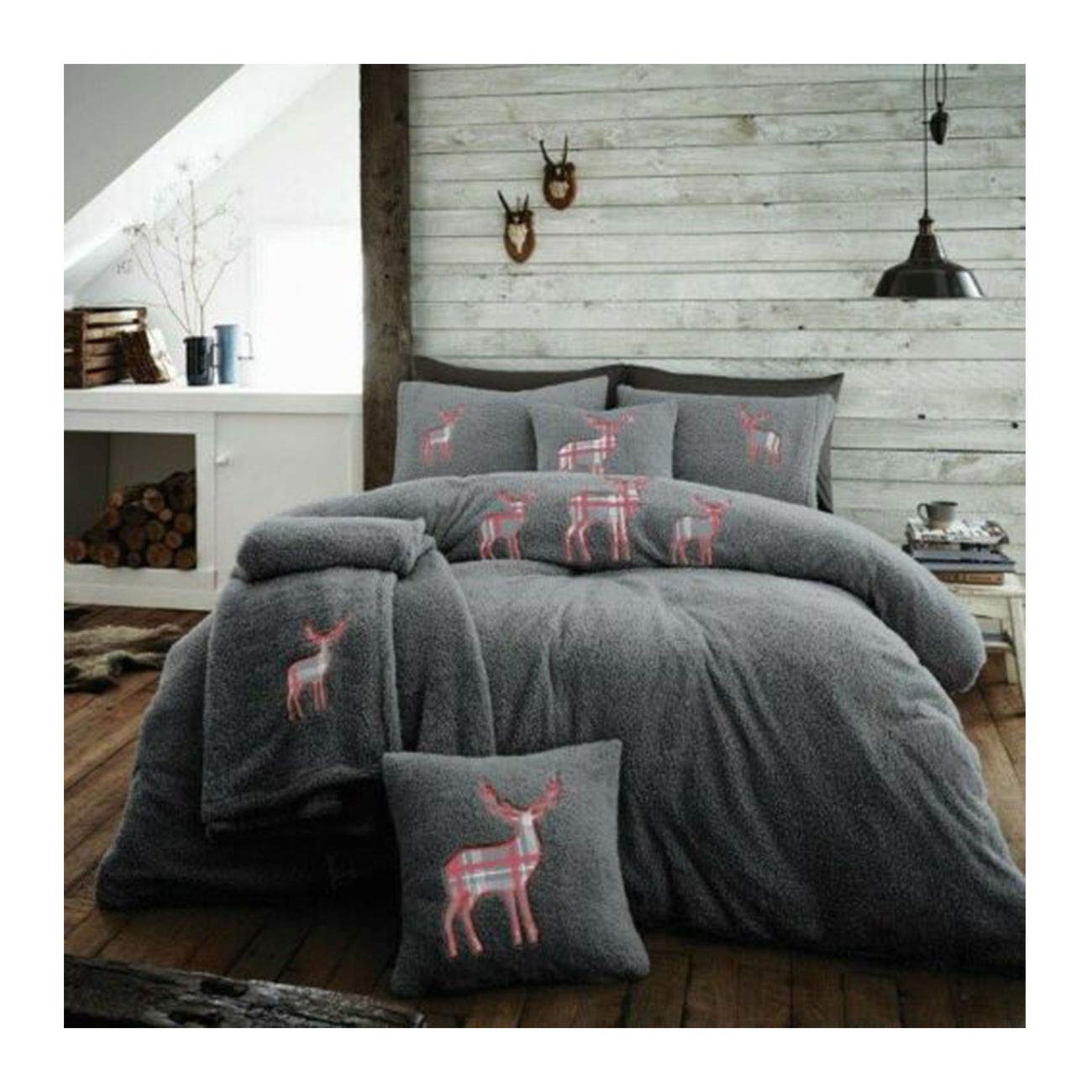 Lions Teddy Fleece Bedding Set, Embroidered Stag Fluffy Duvet Cover with Pillowcase, Warm Cosy, Super Soft, Reversible, Charcoal, Single