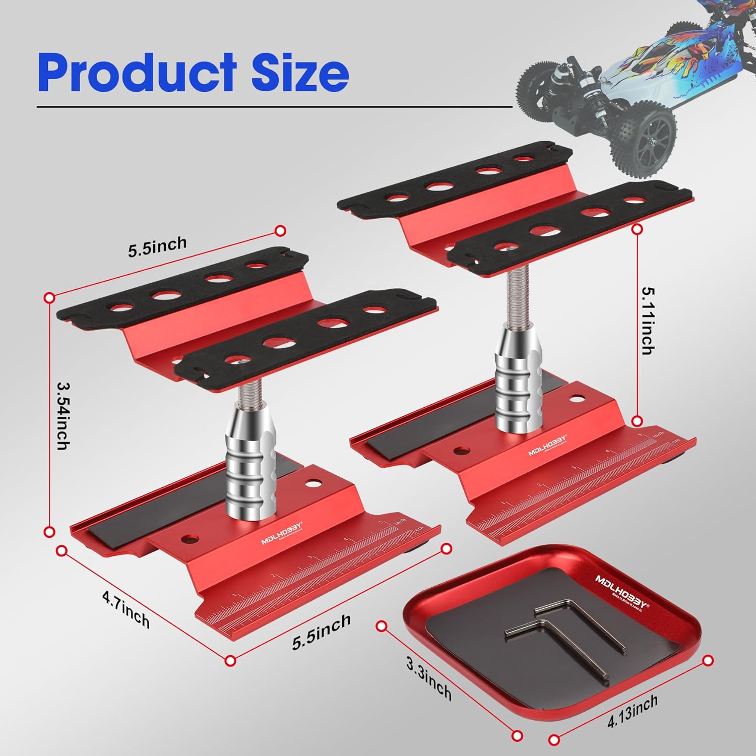 RC Car Work Stand Aluminum Repair Workstation with 360-Degree Rotation, Screw Tray, Lift & Lower for 1/10 1/12 1/16 Scale RC Crawler, Monster Truck, Buggy Compatible with RC Car Work Stand