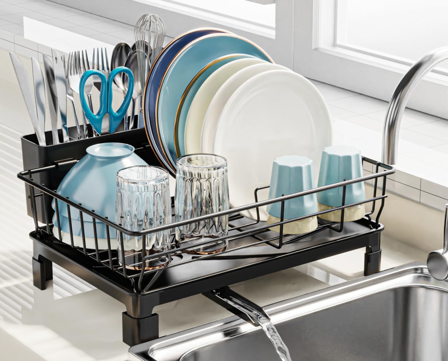 GSlife Dish Drying Rack for Kitchen Counter or in Sink - Small Dish Rack for RV and Small Apartment Counter Top Space, Compact Dish Drainer with Utensil Holder and Drain Spout, Black