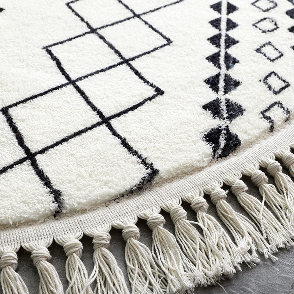 GueTTO Tapis rond en coton et lin de style bohème tissé à la main avec pompons lavable pour salon, chambre à coucher, A, 160 cm