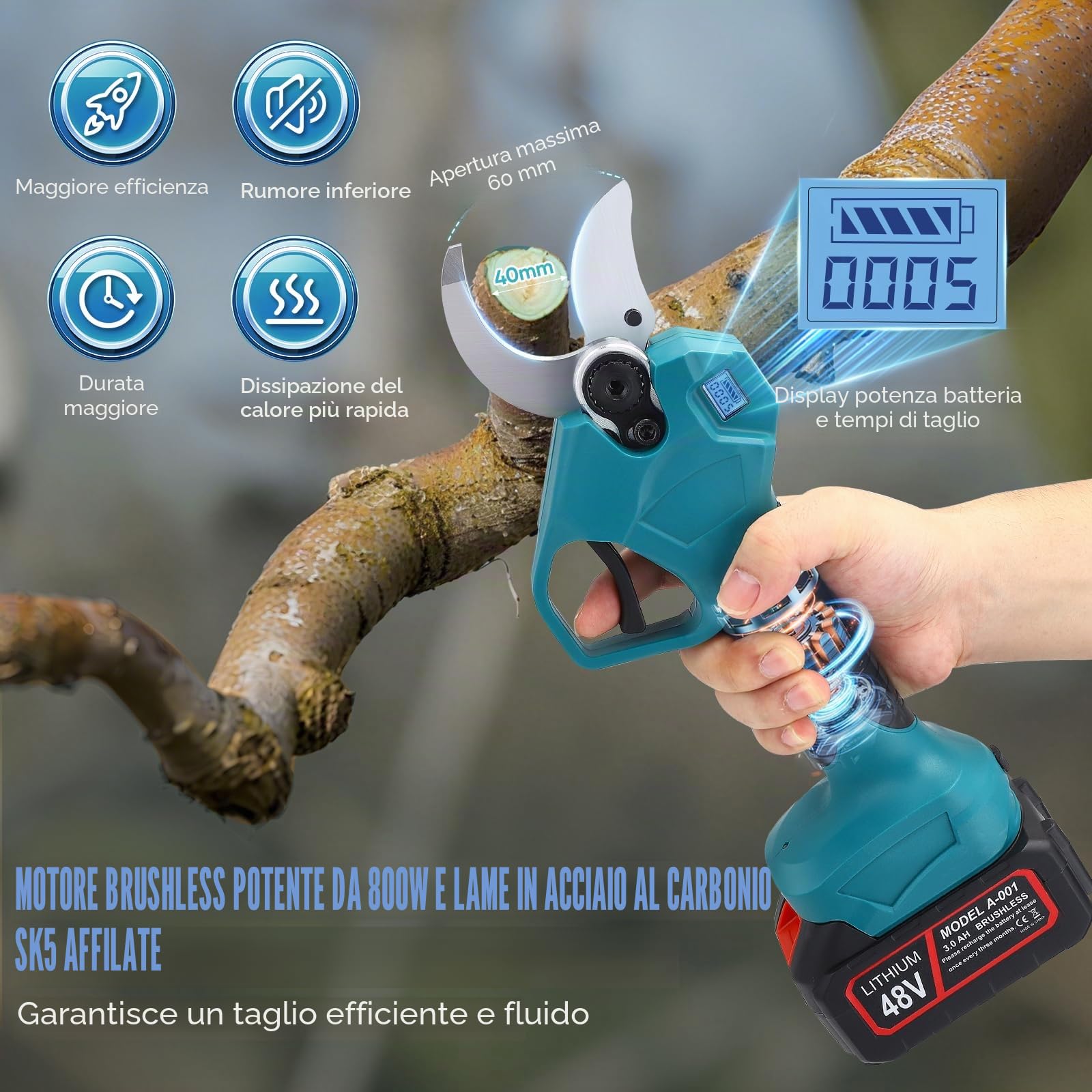 Forbici Potatura a Batteria con Asta,Con asta telescopica da 233 cm Due batterie da 3000 mAh Lama in Acciaio al Carbonio SK5 per Rami Alberi Giardini Electric Pruning shears