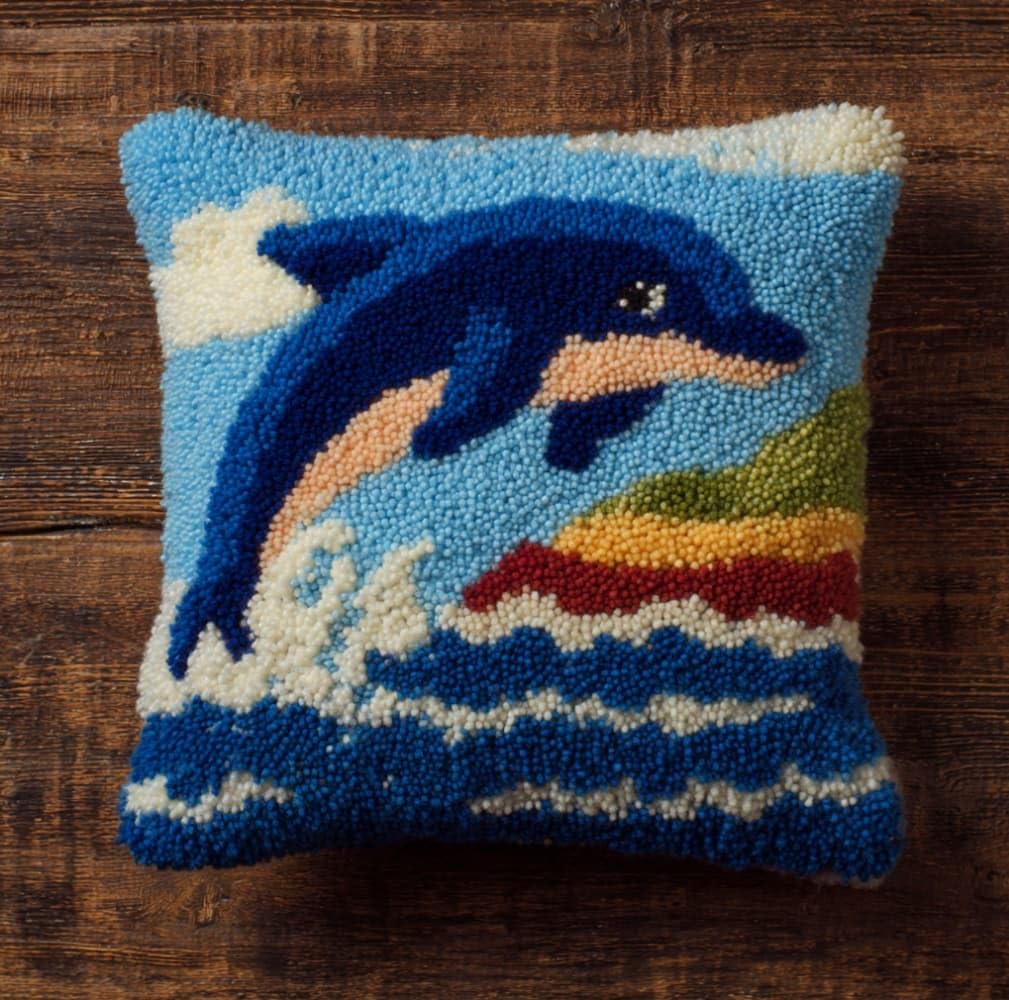 AxiangziK Latch Hook Kits for Adults,Cute Dolphins Latch Hook Pillow Kits 17X17 Inches DIY Needlework Crafts Everything Included Gift for Family Friends