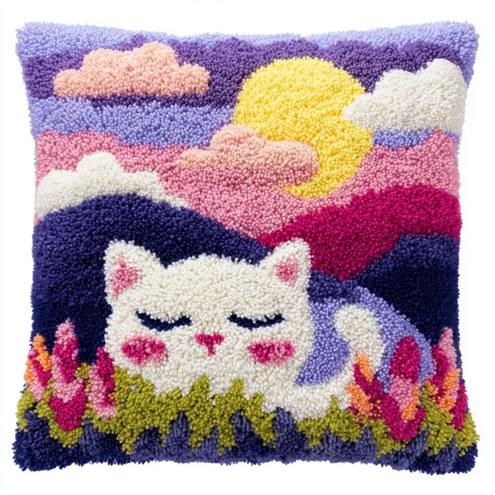 WallustrioaW Latch Hook Cushion Kits,Lavender Flowers and Cats