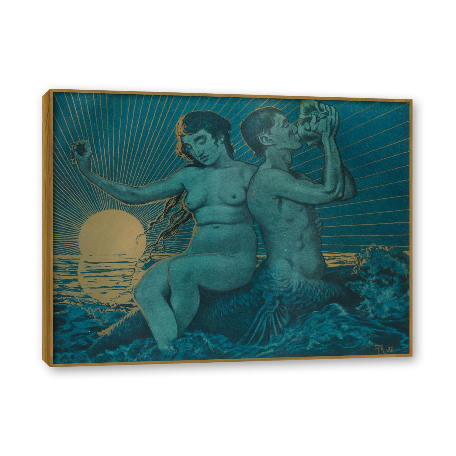 NHLDZYH Teak Frame. Hans Thoma Style Canvas Wall Art - (Triton and Nereid), German Romantic Realism Painting with Symbolic Nature, Rustic Country Home Decor. 60x80cm-23.7x31.5in
