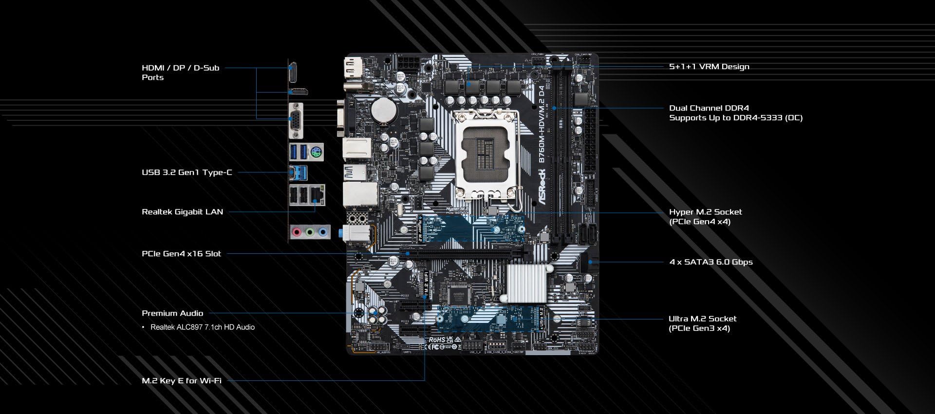 Placa Mãe ASRock B760M-HDV/M.2 D4, Chipset B760, Intel LGA 1700