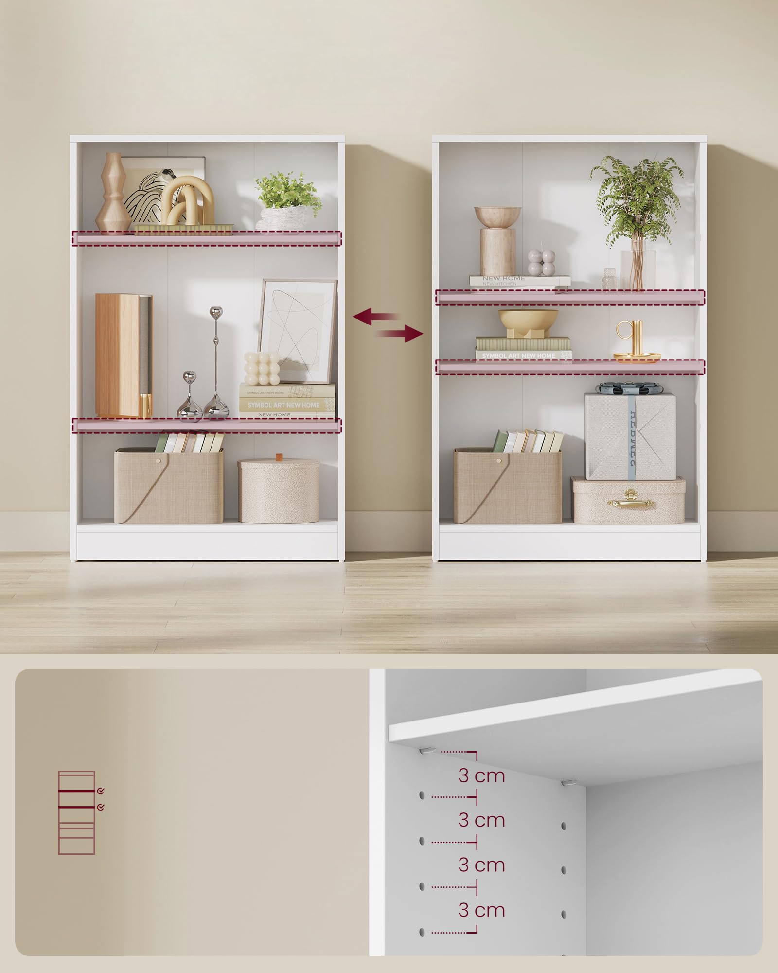 VASAGLE Librería de 3 Niveles con estantes Ajustables, estantería Infantil y Unidad de Almacenamiento para Oficina en casa de Estudio, 60 x 24 x 93 cm, Blanca LBC105T14
