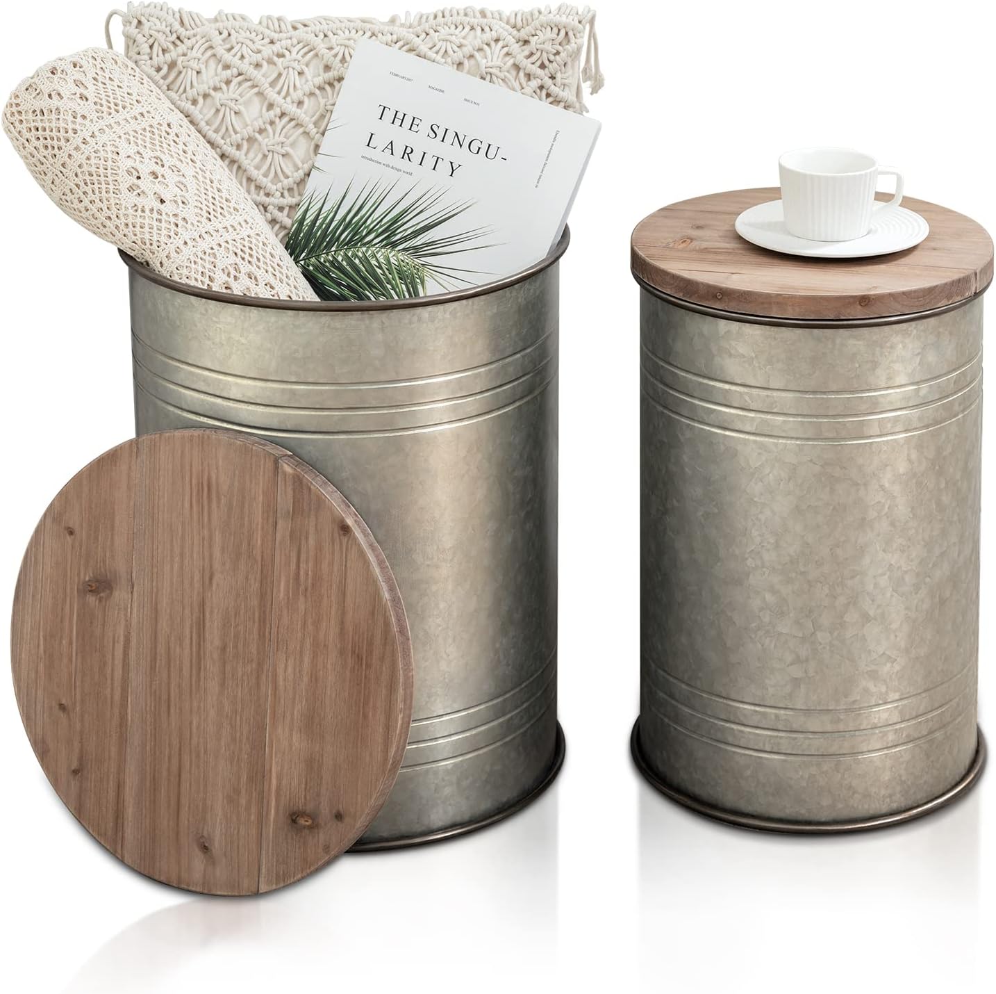 BRIAN & DANY 2 Pack Farmhouse Accent End Table, Rustic Storage Ottoman Seat Stool with Round Wood Lid, Galvanized Metal Storage Bin for Living Room Furniture, Gray