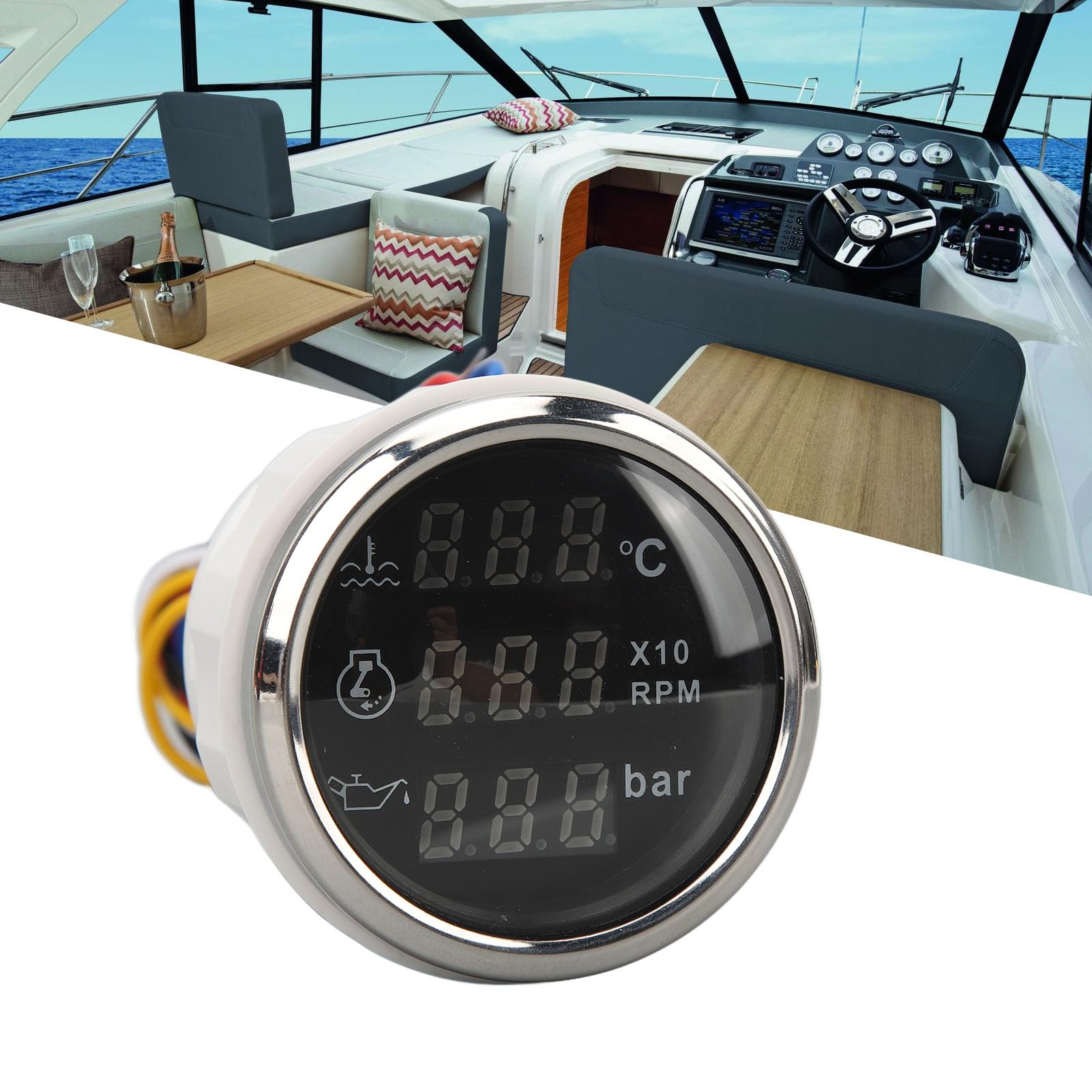 Keenso Jauge de Pression D'huile de Bateau, Jauge de Température de l'eau, Compteur de Pression D'huile de Vitesse 52 Mm, Compteur à Affichage Numérique 3 en 1 pour