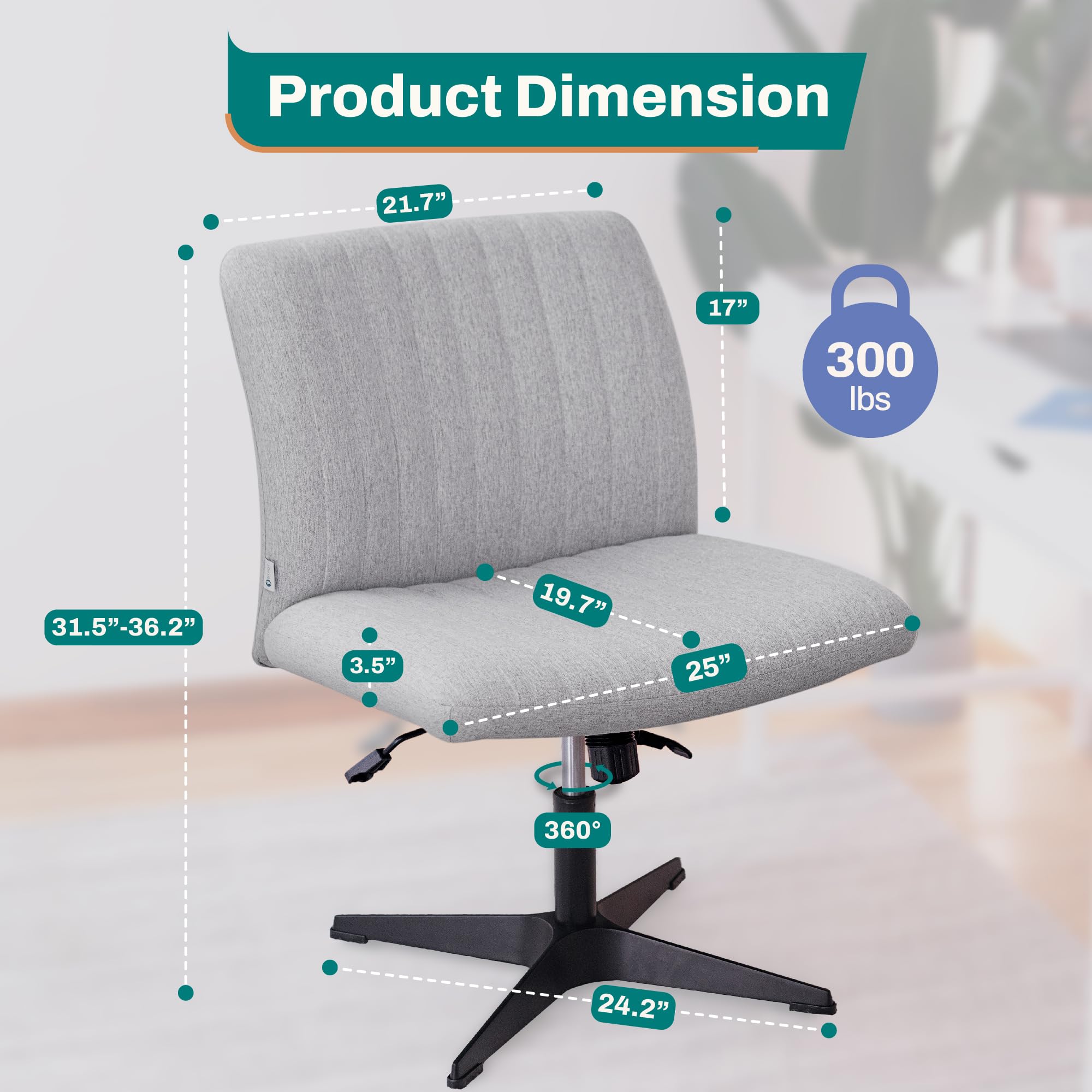 NYPOT Criss Cross Legged Office Chair, Armless Desk Chair No Wheels, Wide Seat Home Office Chair, Adjustable Modern 360 Swivel Vanity, Fabric Padded,120Â° Rocking Ergonomic Mid Back Computer Task Chair
