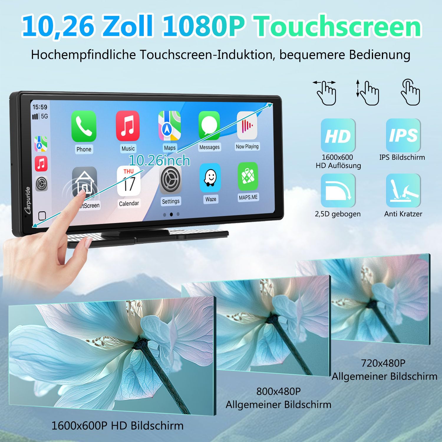 Carpuride V92R Tragbarer Carplay-Bildschirm, kabelloses Carplay & Android Auto, 10,26 Zoll 1080P HD Touchscreen Radio mit echter 720P Rückfahrkamera/BT 5.0/Mirror Link Unterstützung LKW RV