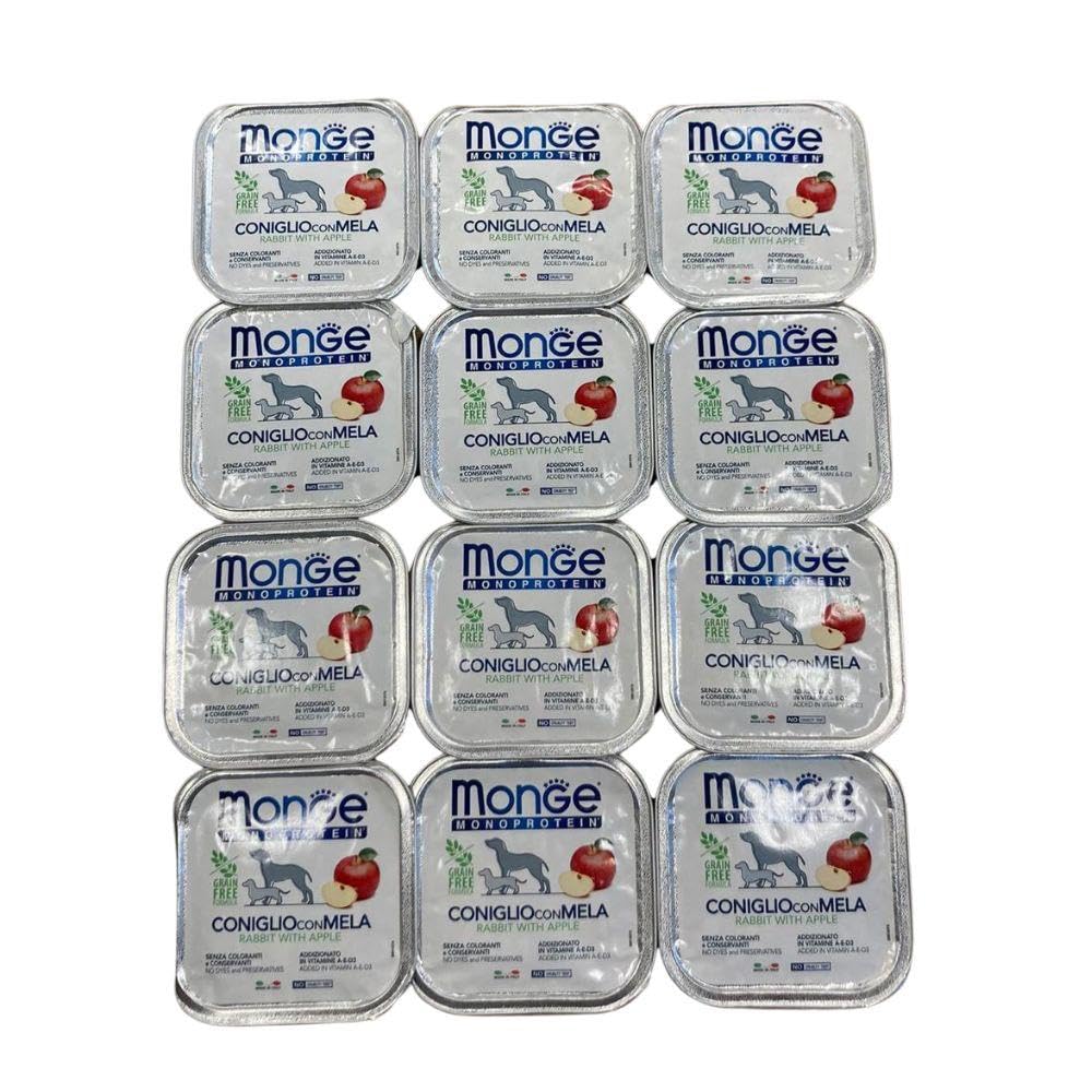 Monge Monoprotein umido cane gusto CONIGLIO CON MELA formula grainfree | 12 vaschette da 150 grammi l'una.