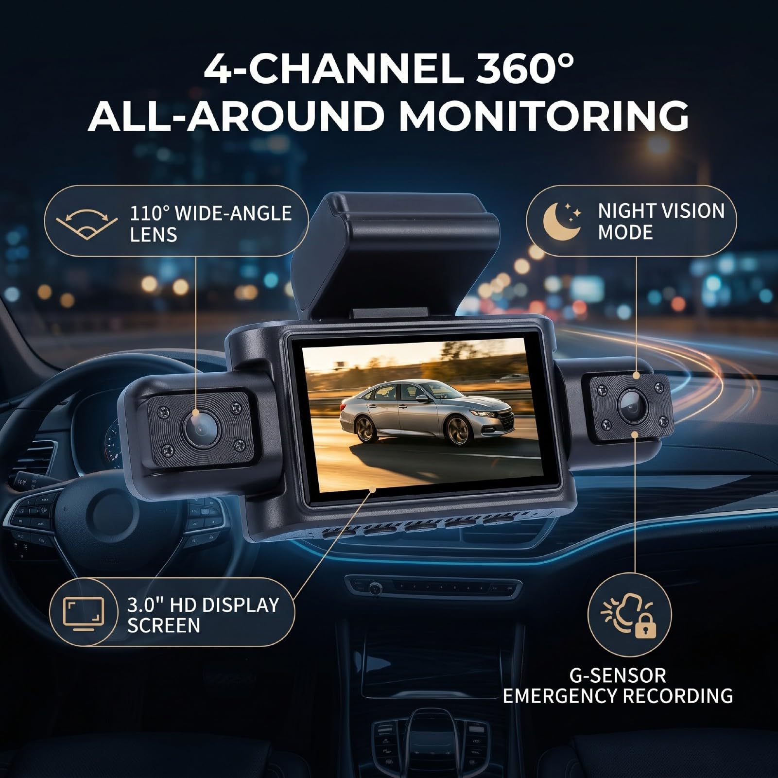 Naroote Dash Cam 4 Canali 1080P, Schermo 3 Pollici, Modalità Notturna