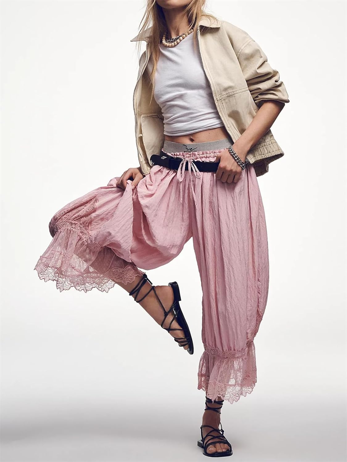 Alyweatry Women Ruffle Long Bloomers Elastic Waist Lace Patchwork Pettipants Pantaloons Cropped Slip Pants Streetwear - Image 6