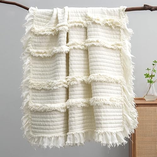 Ultra Soft Pre-Washed Warm Quilted Throw Blanket, Ruffle Fringed Cream
