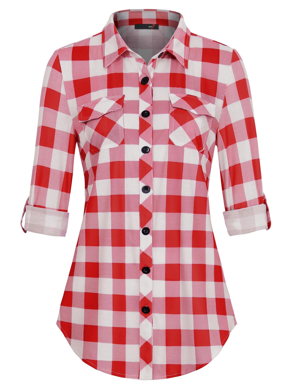 DJT Damen Weiches Gestrick Kariertes Blusen Langarm Oberteile Roll Up Ärmel Hemdbluse Button Down Tops