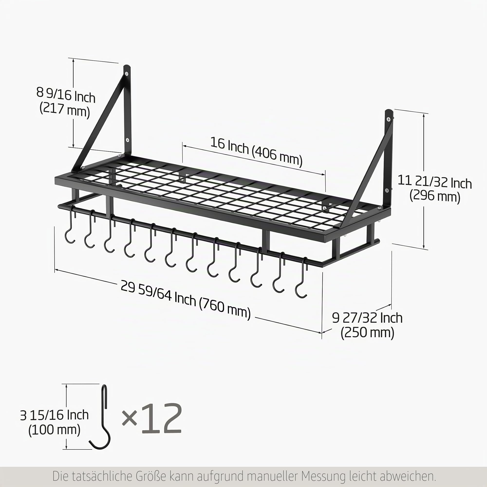 KES Küchenutensilienhalter Pfannenhalter Küchenregal Küche mit 12 Haken Hängeregal Gewürz Pfanne Regal Wandregal Küchenleiste 75CM Wandmontage Matt Schwarz, KUR215S75A-BK