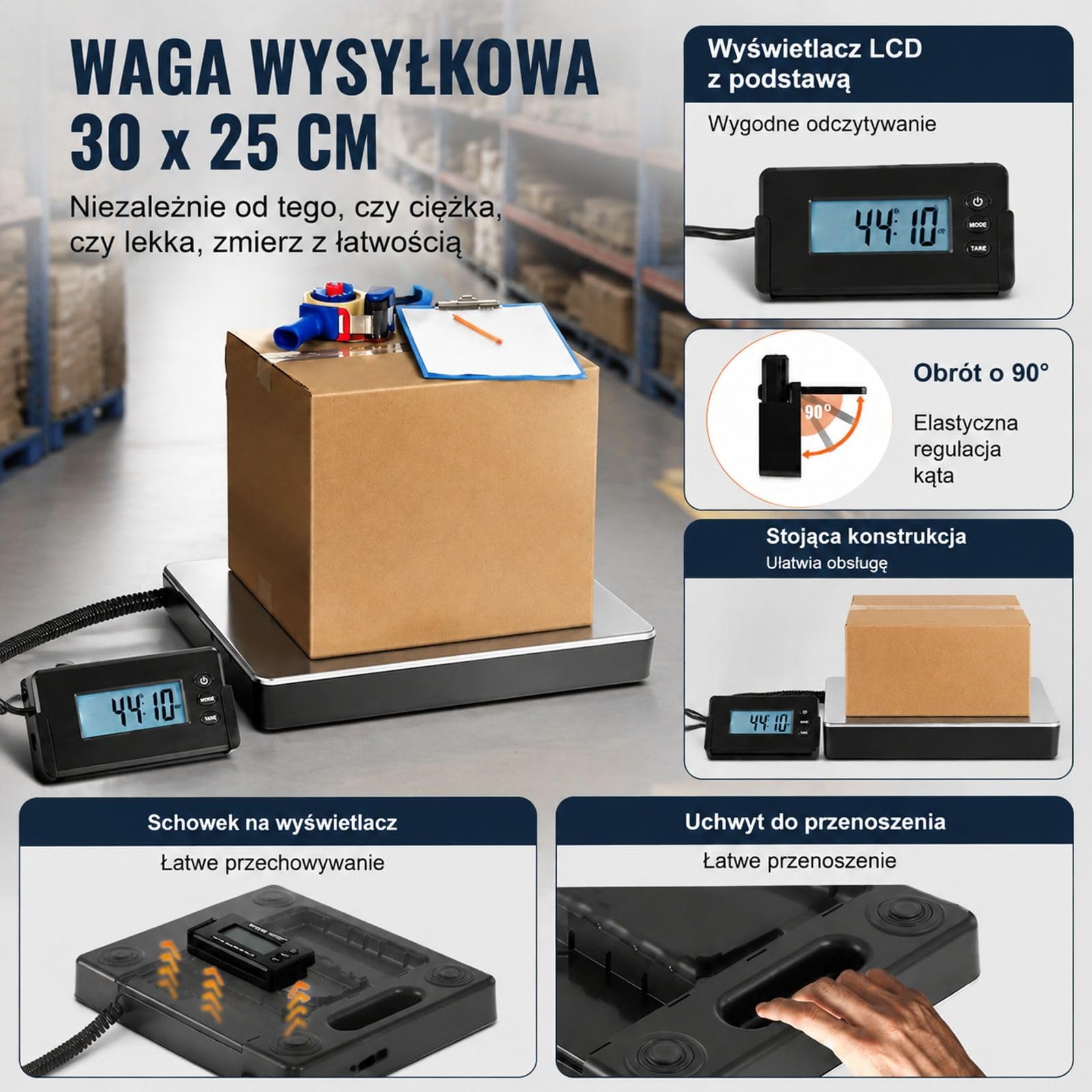 Cyfrowa waga platformowa do paczek i przesyłek, stal nierdzewna i ABS, funkcja tarowania, kg/lbs/lbs:oz, dokładność 50 g, do domu, biura i magazynu