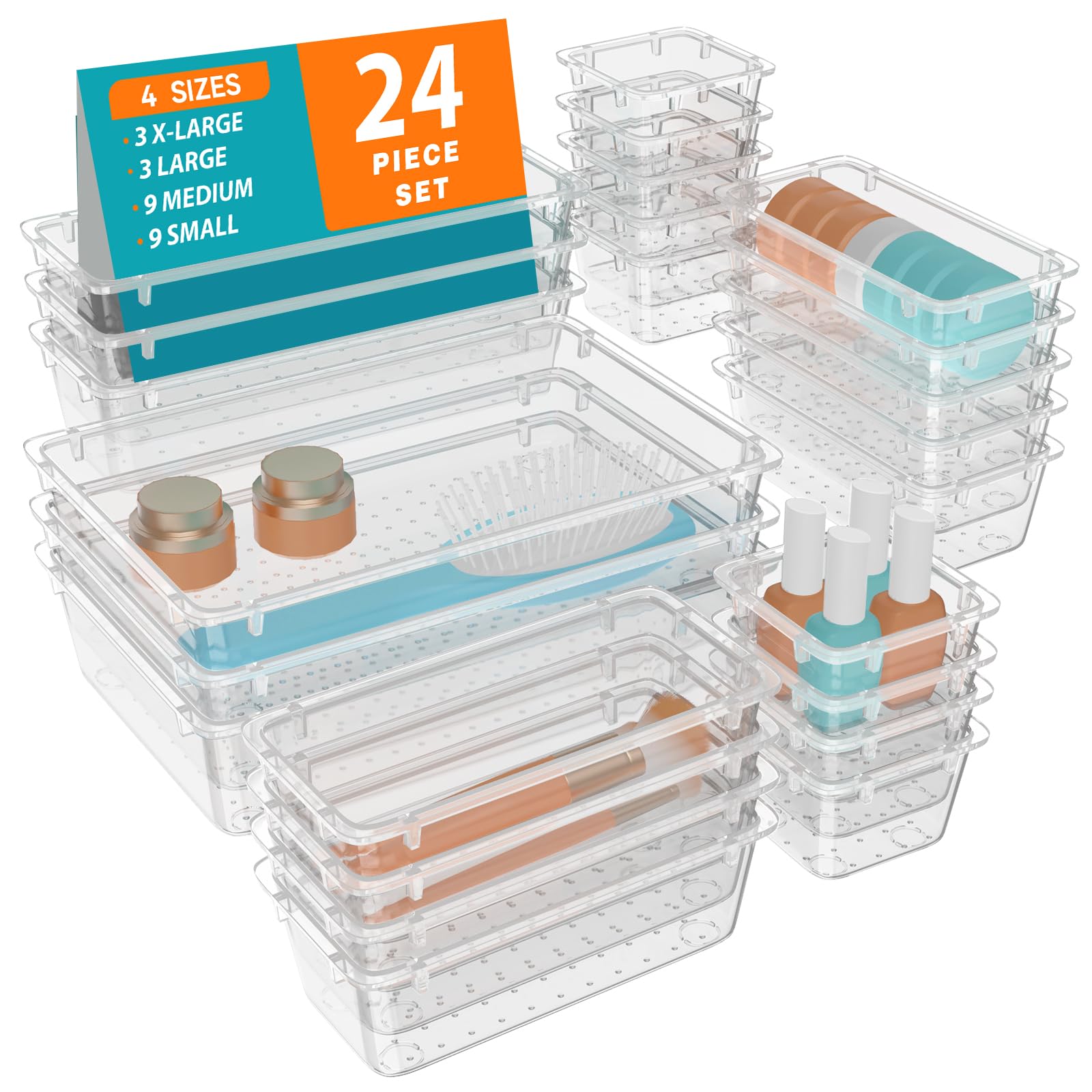WOWBOX Set di 24 organizer per cassetti in plastica trasparente, 4 misure, per organizzare e riporre trucchi, cosmetici, gioielli e gadget in cucina, bagno, camera da letto, ufficio, trasparente