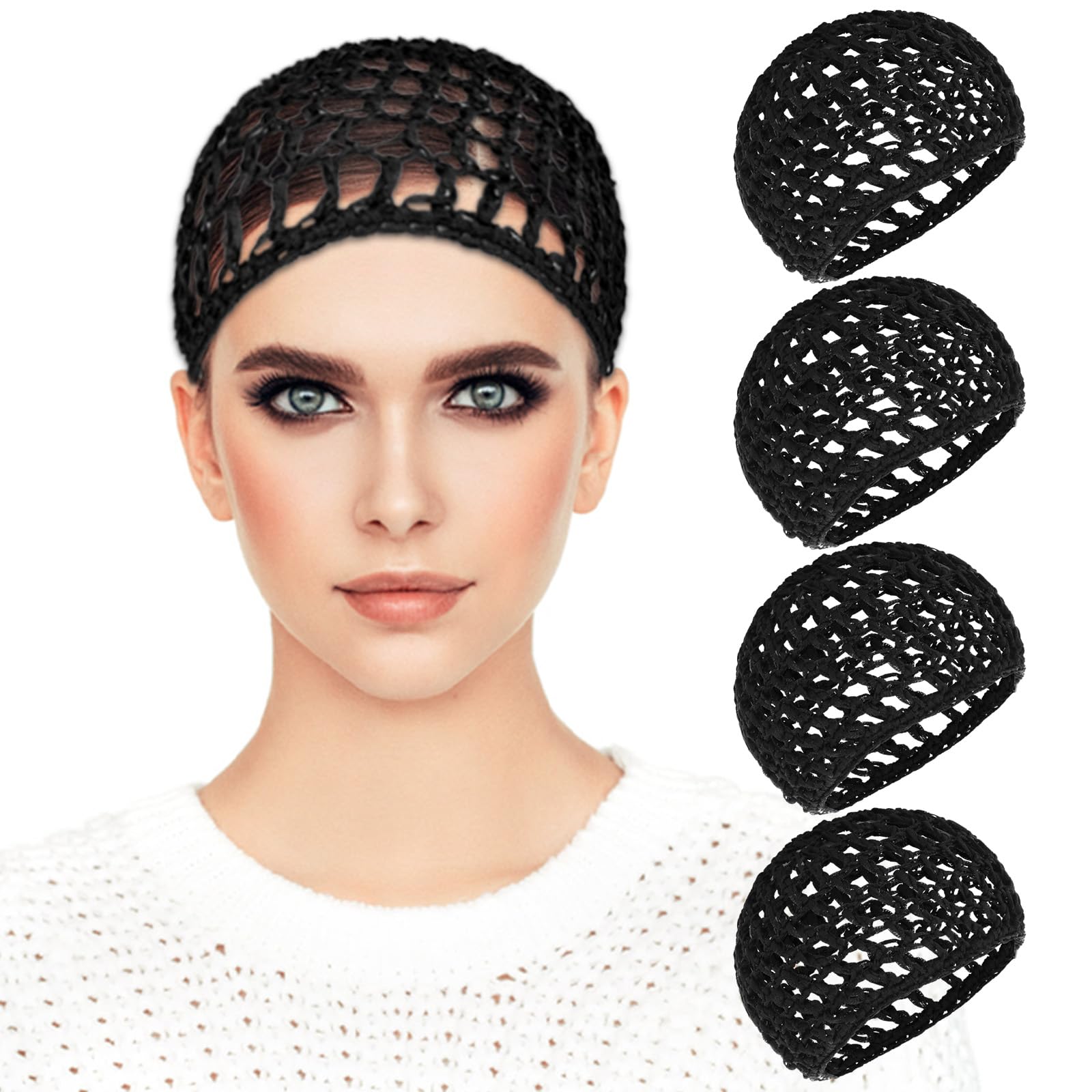 4 Pack Crochet Hair Nets, Knit Snood Bonnets, Hairnet Hair Cover, Crocheted Sleep Cap for Women - Soft, Breathable Mesh Hairs Wrap Net for Sleeping, Shower, Silk Press (Black)