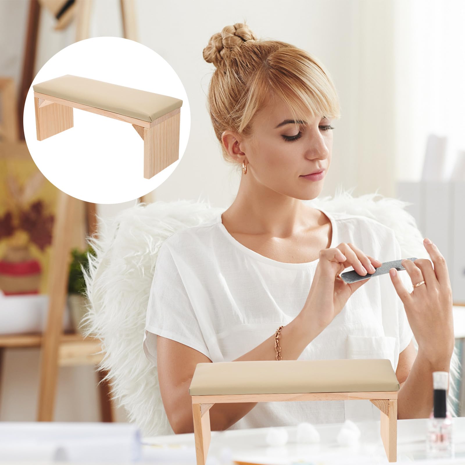 Cuscino per Mani in Legno Beige Multifunzionale per Manicure, Poggiamani Stabile per Saloni di Bellezza e Formazione Unghie