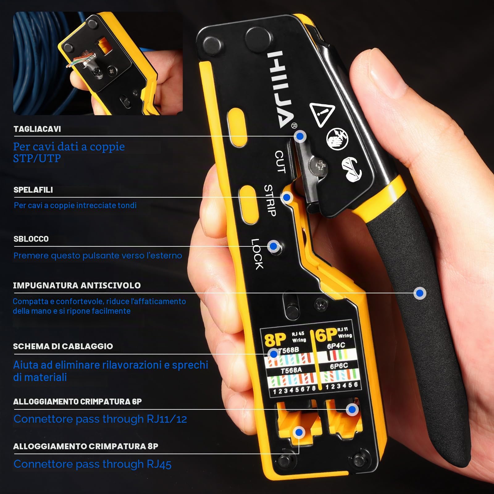 Pinza Crimpatrice RJ45 Passante per Connettori Ethernet Cat6 Cat5 Cat5e con Tester Cavi di Rete 50 Connettori RJ45 50 Coperture RJ45