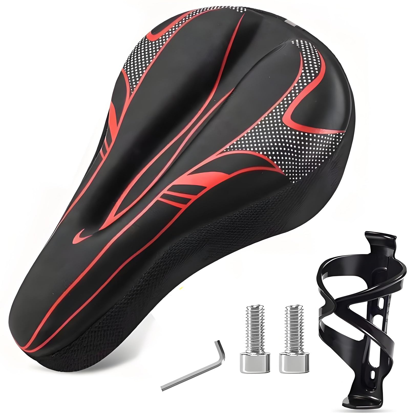 BAPPKON Gel Bike Seat Cover Waterproof Memory Foam Padded Bicycle Seat Cushion for Men Women, for Peloton Exercise Bike Road Mountain Bikes with Bottle Holder Universal (Red)