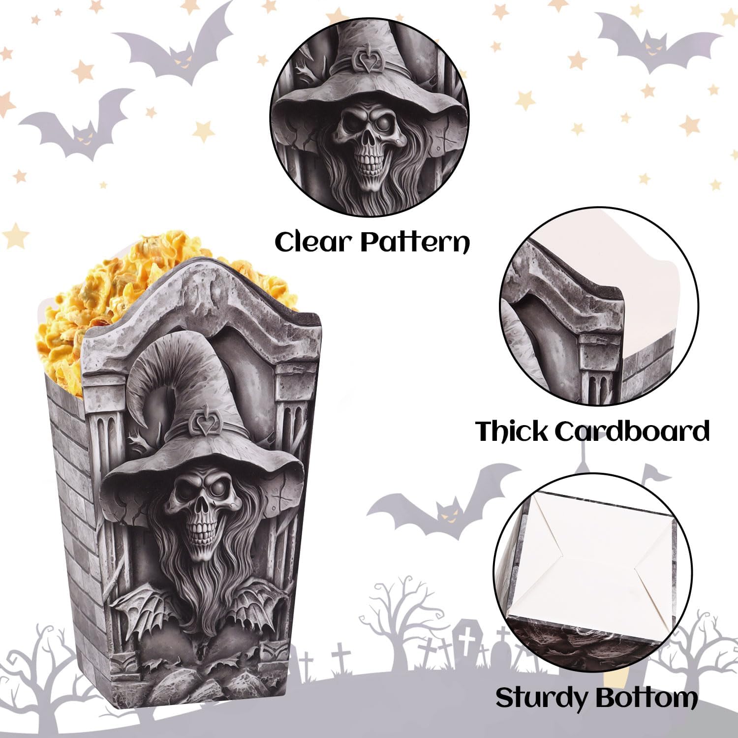 CCINEE 24pcs Halloween Popcorn Treat Boxes Bulk, Mini Halloween Movie Night Popcorn Favor Boxes for Treat Coffin Tombstone Snack Candy Cookies Goodies Food Box for Party Supply