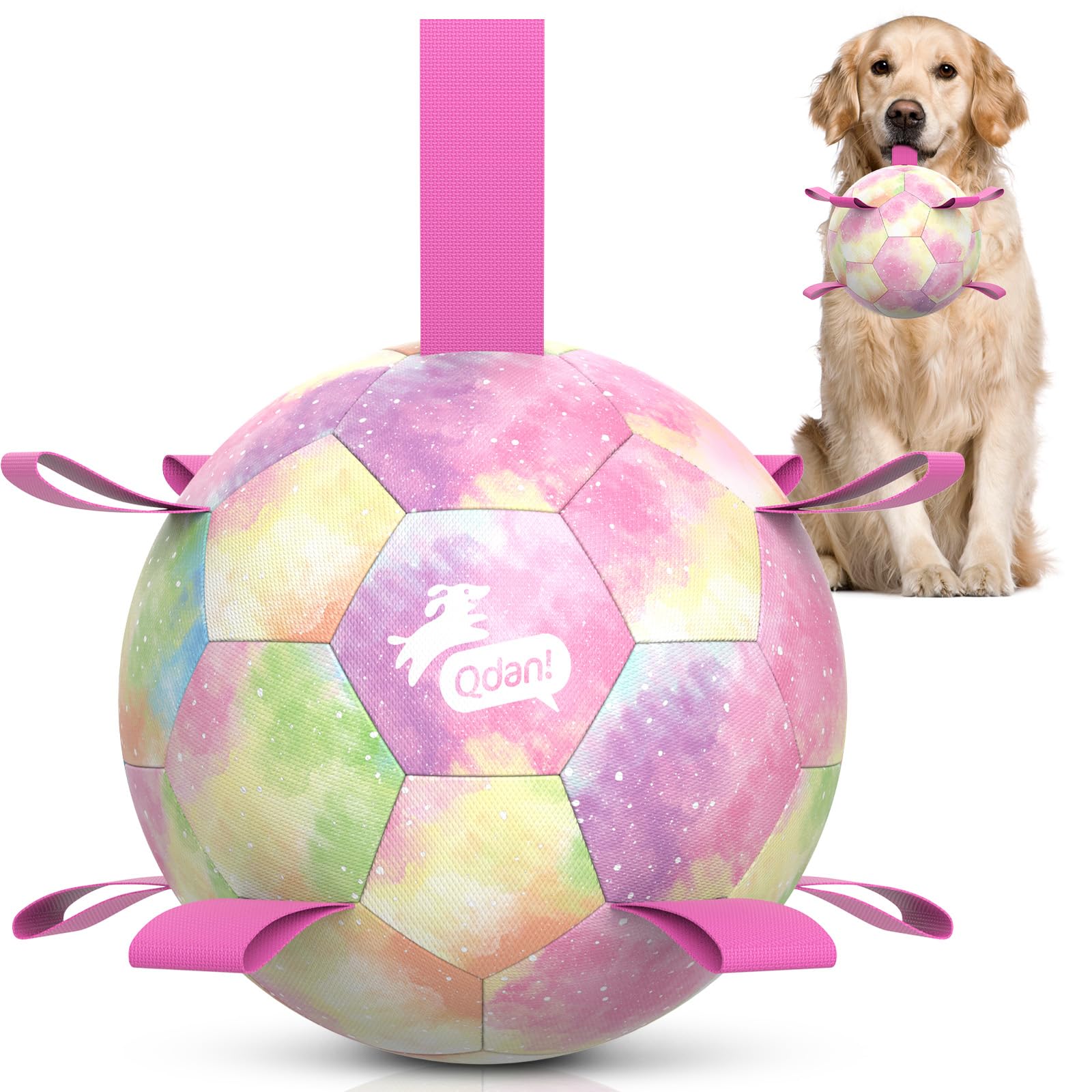 QDAN Dog Balls: Herding Ball for Dogs, Outdoor Toys Dog Soccer Ball with Straps, Interactive Pet Toys for World Cup Large Dogs Tug of War, Pet Birthday Gifts,Gradient Rainbow (8 Inch)