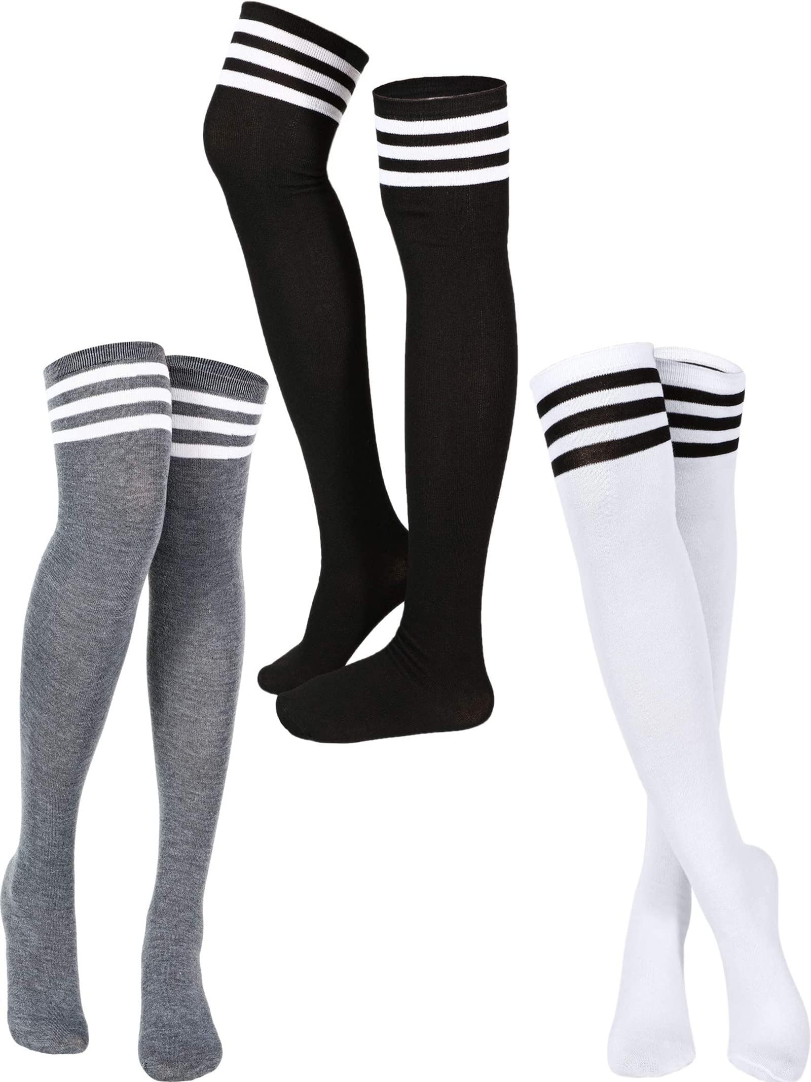 KhaznaHigh Thigh Socks 3 Pairs Women Stripe Tube Dresses Over the Knee Thigh Long Stockings Cosplay Socks
