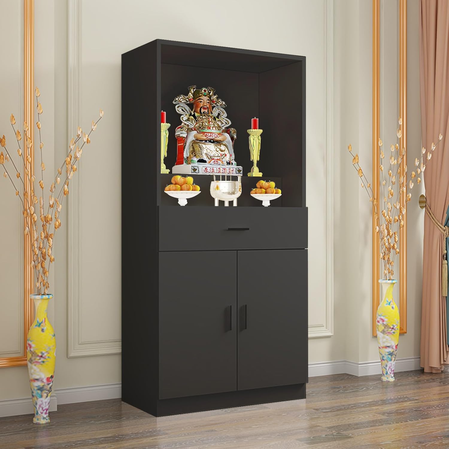Altar Table with Storage, Large Pooja Cabinet with Doors & Pull-Out Worship Shelf, Wood Construction, 15.7–39.9'' Wide Shrine Table for Home, Office or Temple Use, Multi-Tier Design for Prayer Items