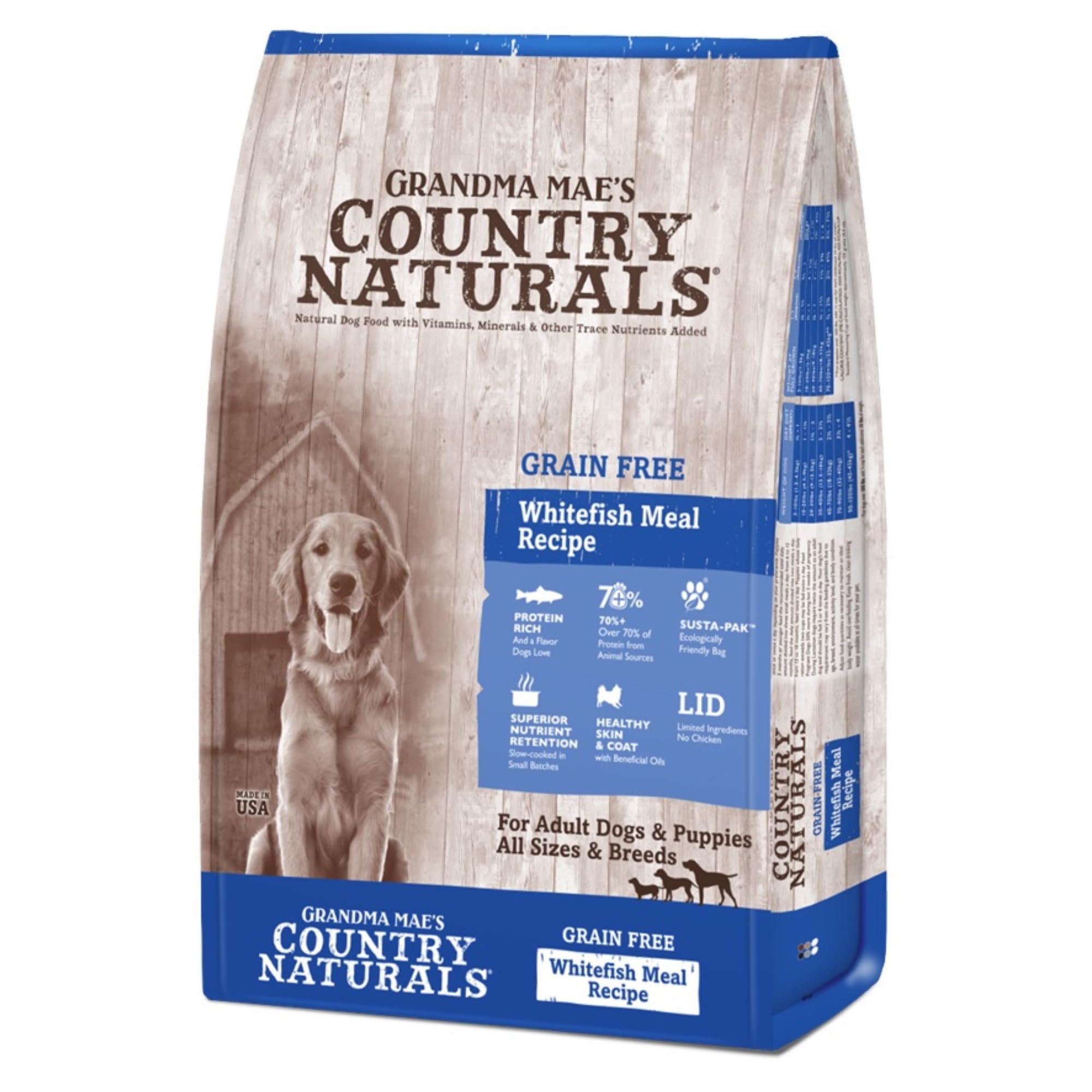 Grandma Mae’s Country Naturals Dry Dog Food, Grain Free Formula, Whitefish, Slow Cooked & Nutrient Dense, Made in USA, 4 LB Bag