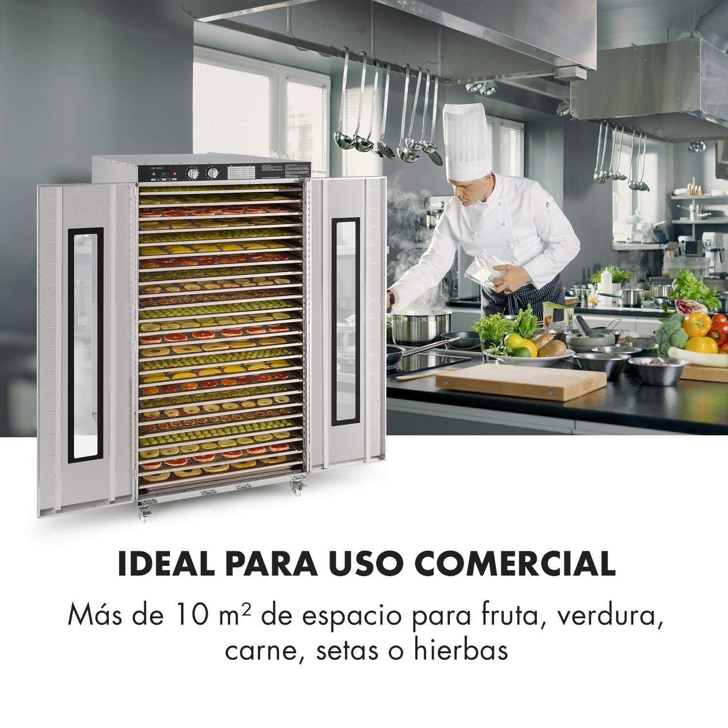 Klarstein Master Jerky - Deshidratador de alimentos, Temperatura ajustable 40-90 °C, DigiSet Control, Carcasa de acero inoxidable, Potencia de 5850 W, Capacidad de 10 m², 24 bandejas, Plateado